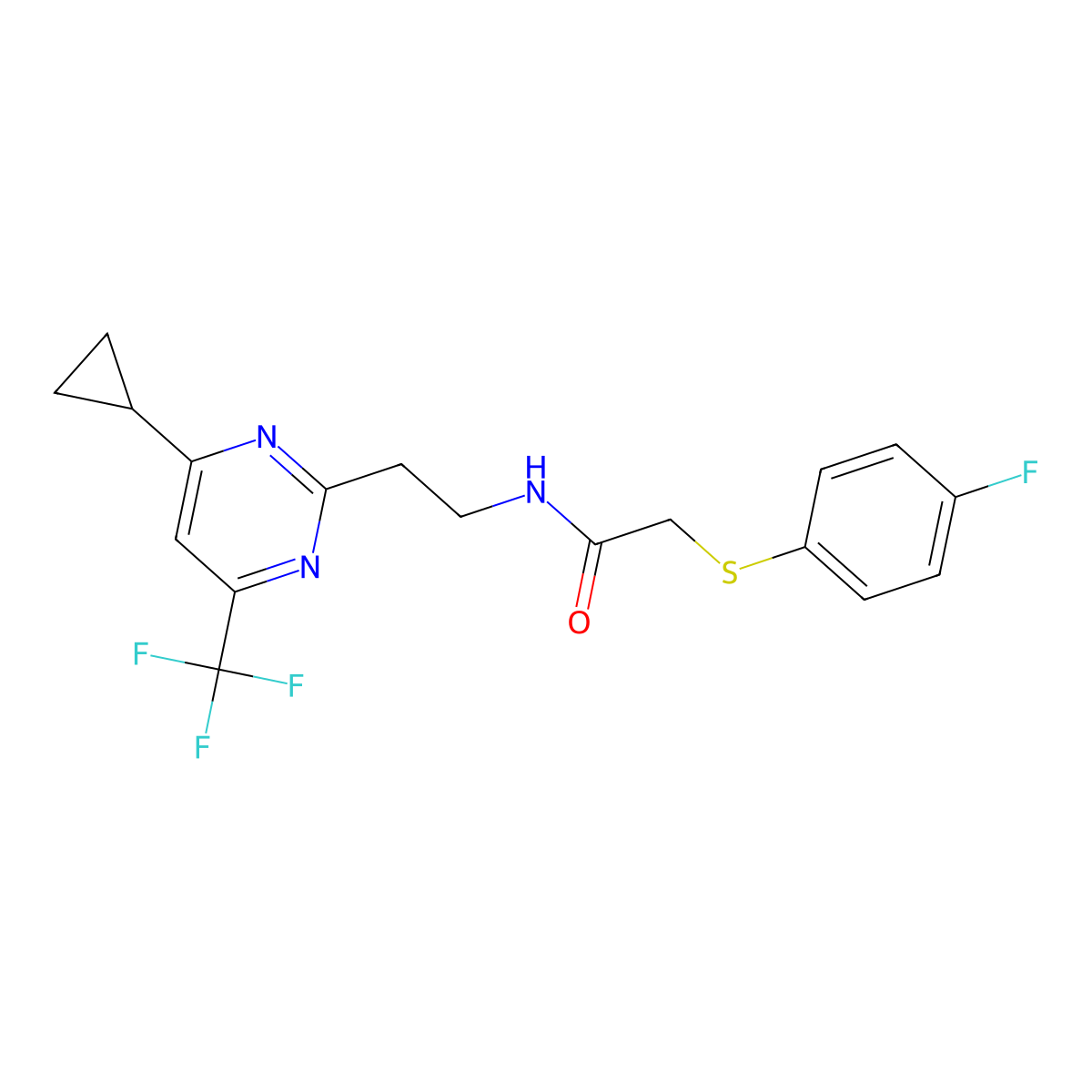 N-(2-(4-cyclopropyl-6-(trifluoromethyl)pyrimidin-2-yl)ethyl)-2-((4-fluorophenyl)thio)acetamide molecular structure, CAS 1396812-14-8