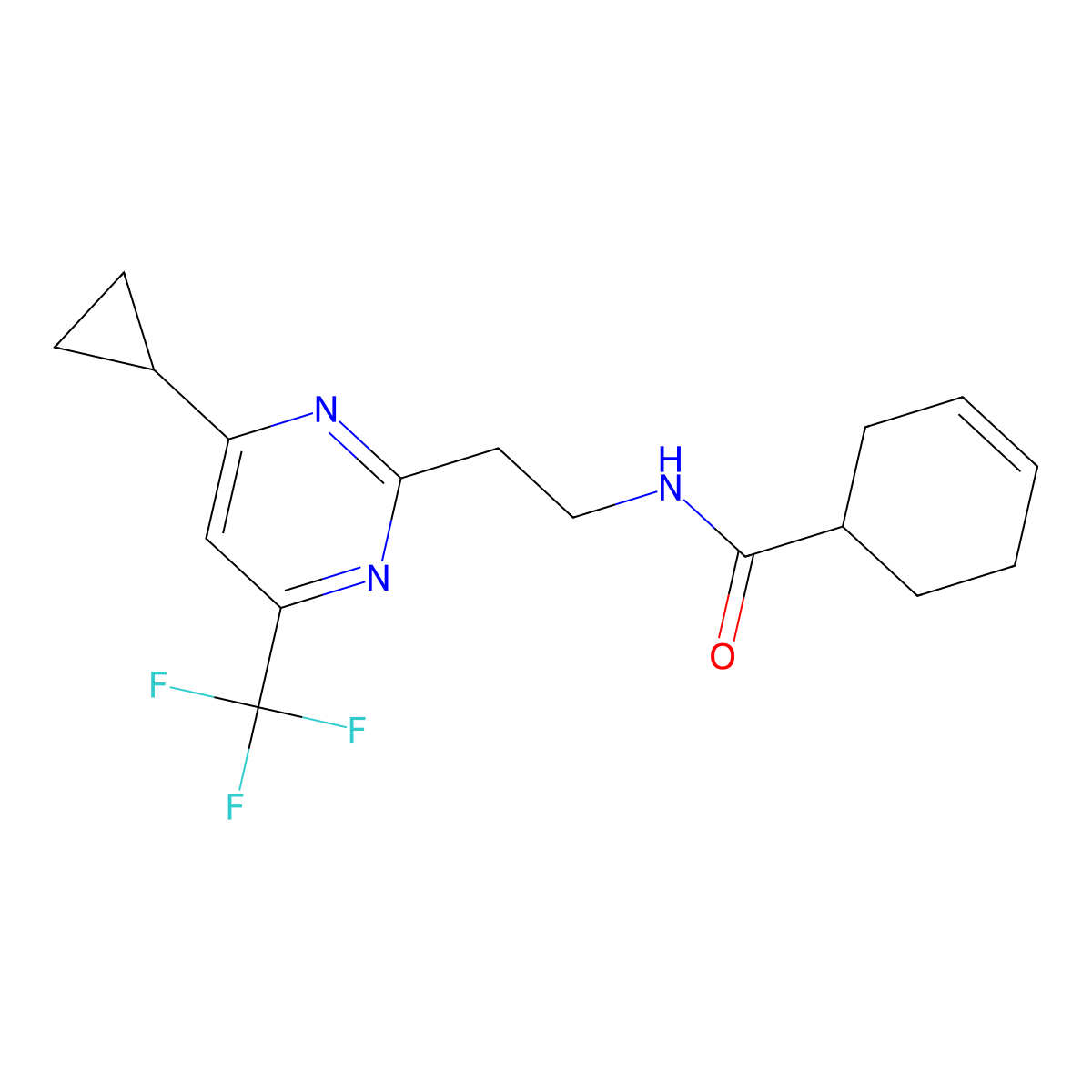 N-(2-(4-cyclopropyl-6-(trifluoromethyl)pyrimidin-2-yl)ethyl)cyclohex-3-enecarboxamide molecular structure, CAS 1396812-21-7