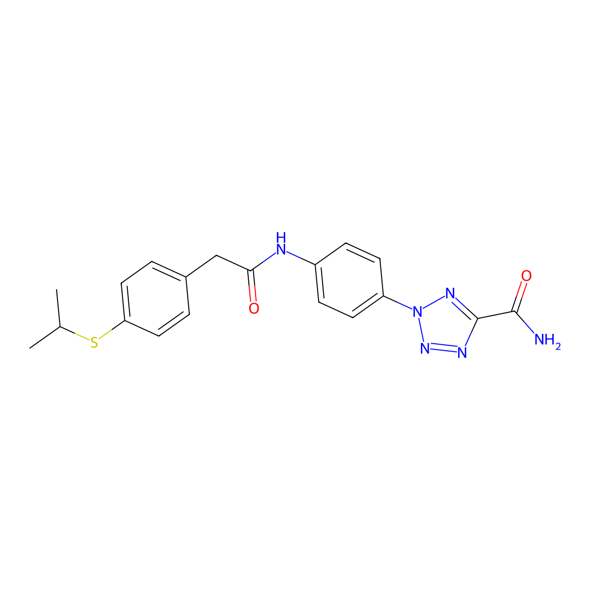 2-(4-(2-(4-(isopropylthio)phenyl)acetamido)phenyl)-2H-tetrazole-5-carboxamide molecular structure, CAS 1396812-26-2