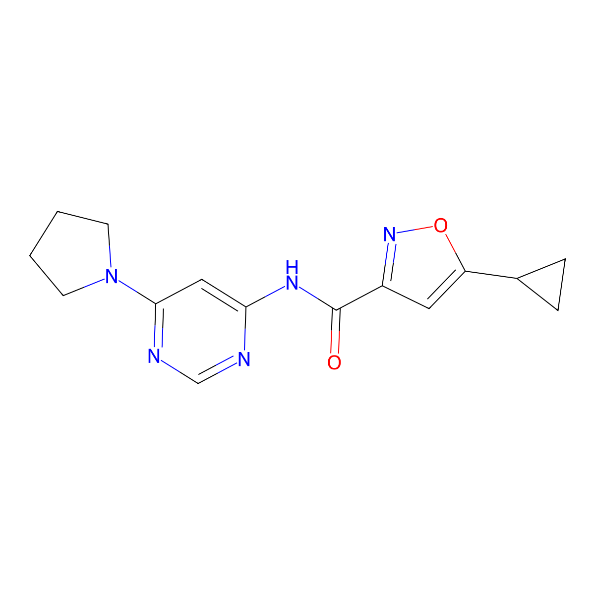 5-cyclopropyl-N-[6-(pyrrolidin-1-yl)pyrimidin-4-yl]-1,2-oxazole-3-carboxamide molecular structure, CAS 1396812-27-3