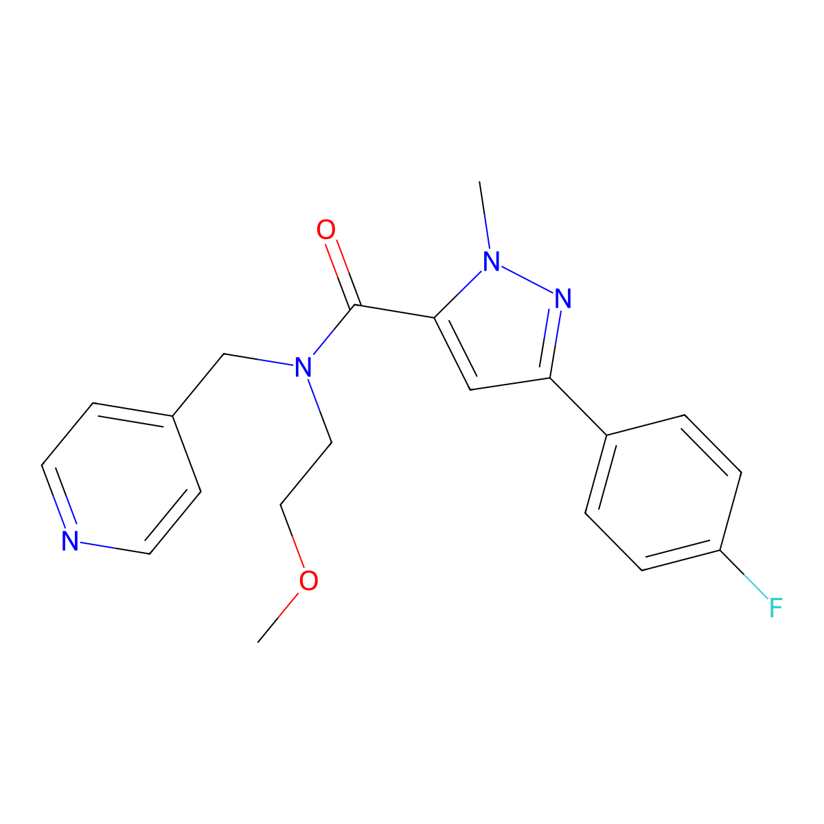 3-(4-fluorophenyl)-N-(2-methoxyethyl)-1-methyl-N-(pyridin-4-ylmethyl)-1H-pyrazole-5-carboxamide molecular structure, CAS 1396812-28-4