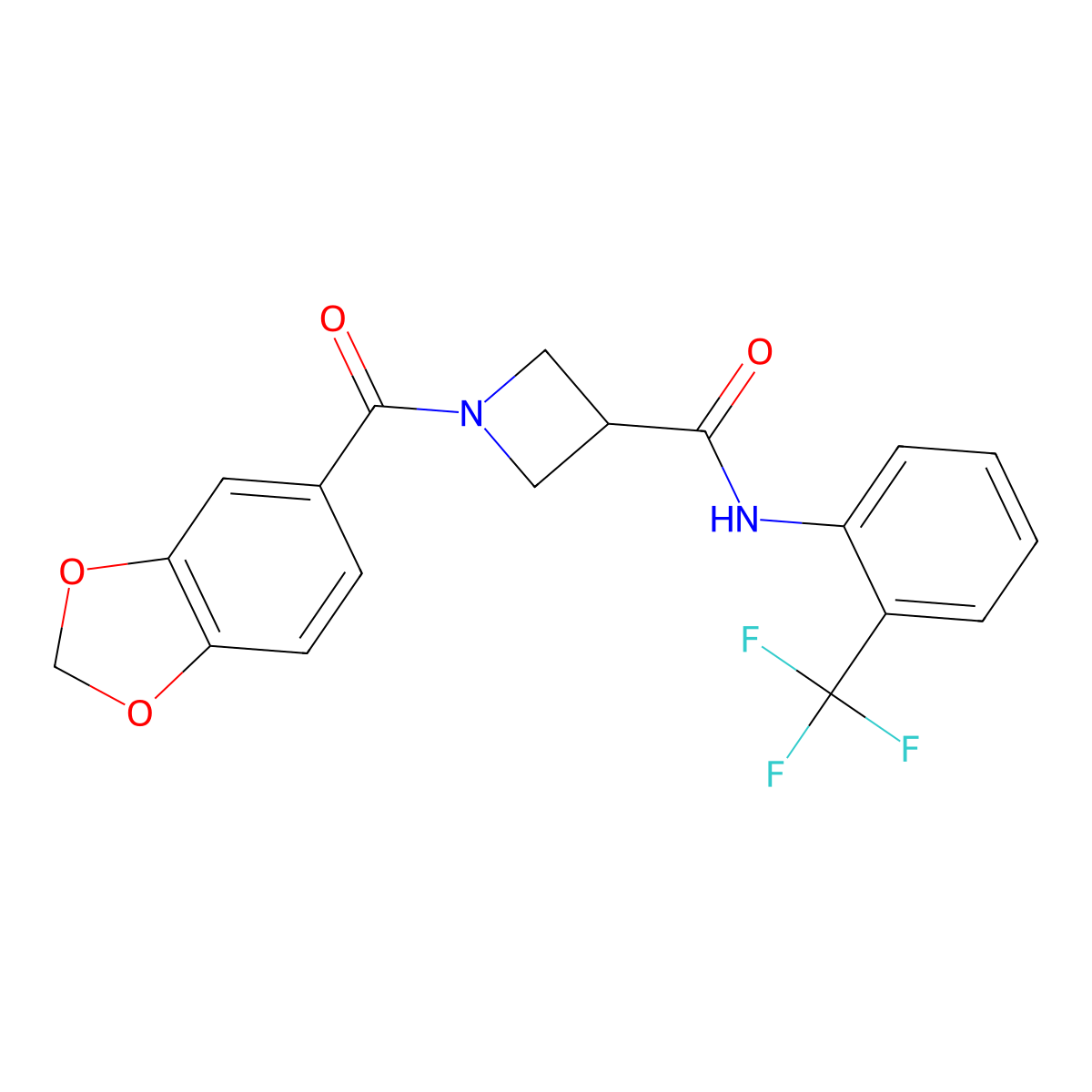 1-(benzo[d][1,3]dioxole-5-carbonyl)-N-(2-(trifluoromethyl)phenyl)azetidine-3-carboxamide molecular structure, CAS 1396812-33-1