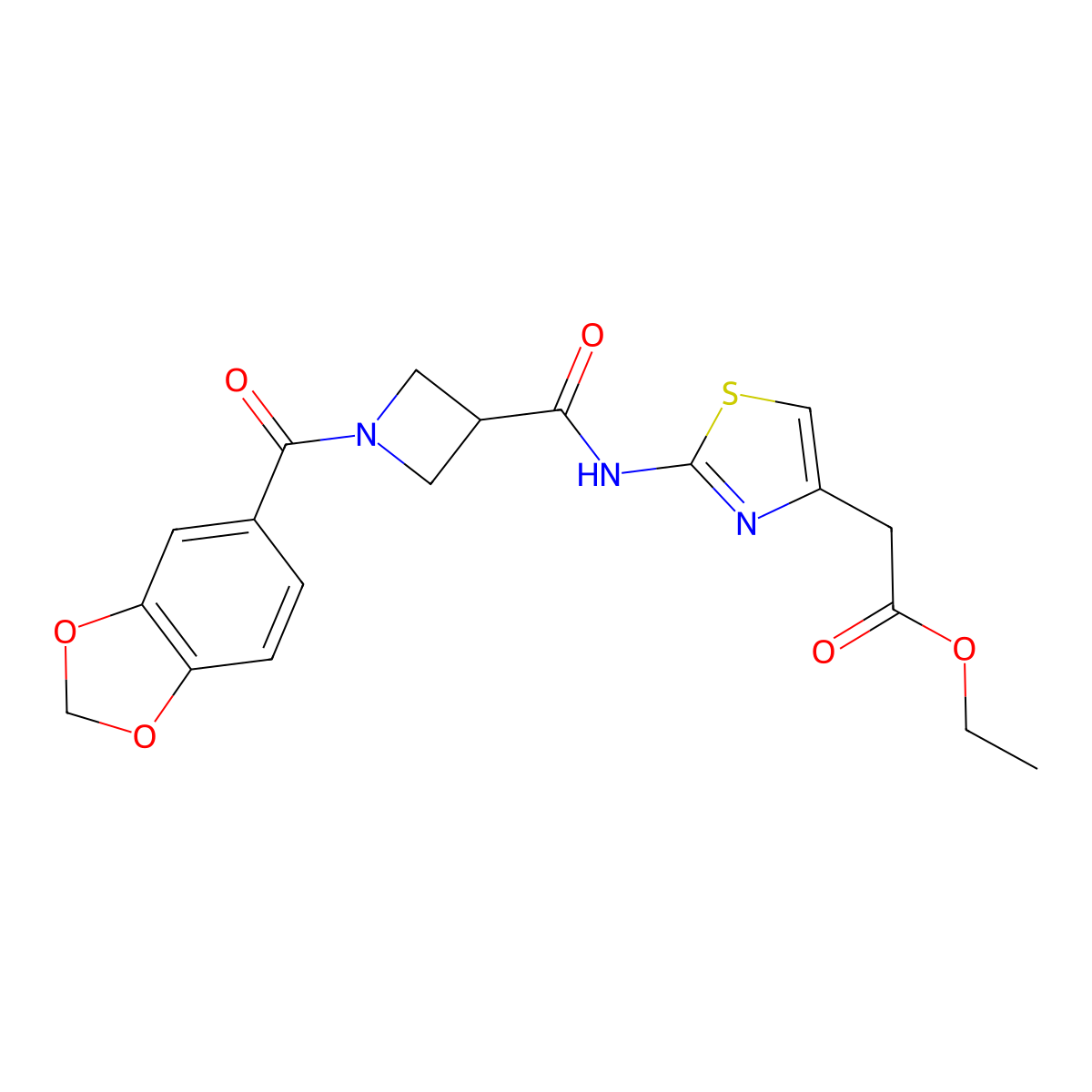 Ethyl 2-(2-(1-(benzo[d][1,3]dioxole-5-carbonyl)azetidine-3-carboxamido)thiazol-4-yl)acetate molecular structure, CAS 1396812-40-0