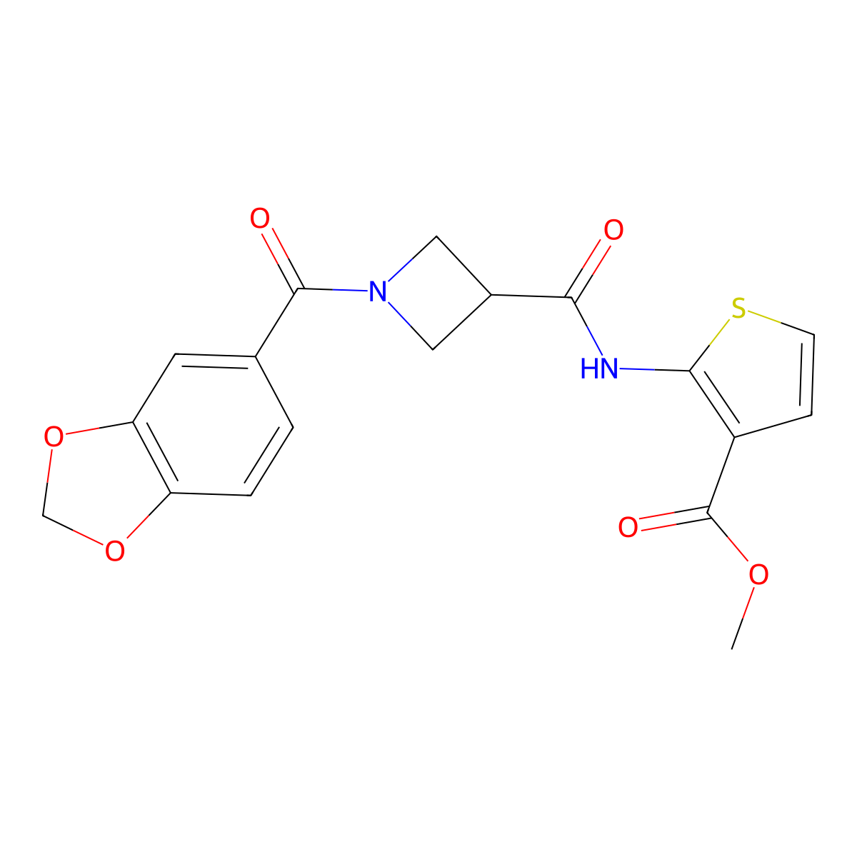Methyl 2-(1-(benzo[d][1,3]dioxole-5-carbonyl)azetidine-3-carboxamido)thiophene-3-carboxylate molecular structure, CAS 1396812-49-9