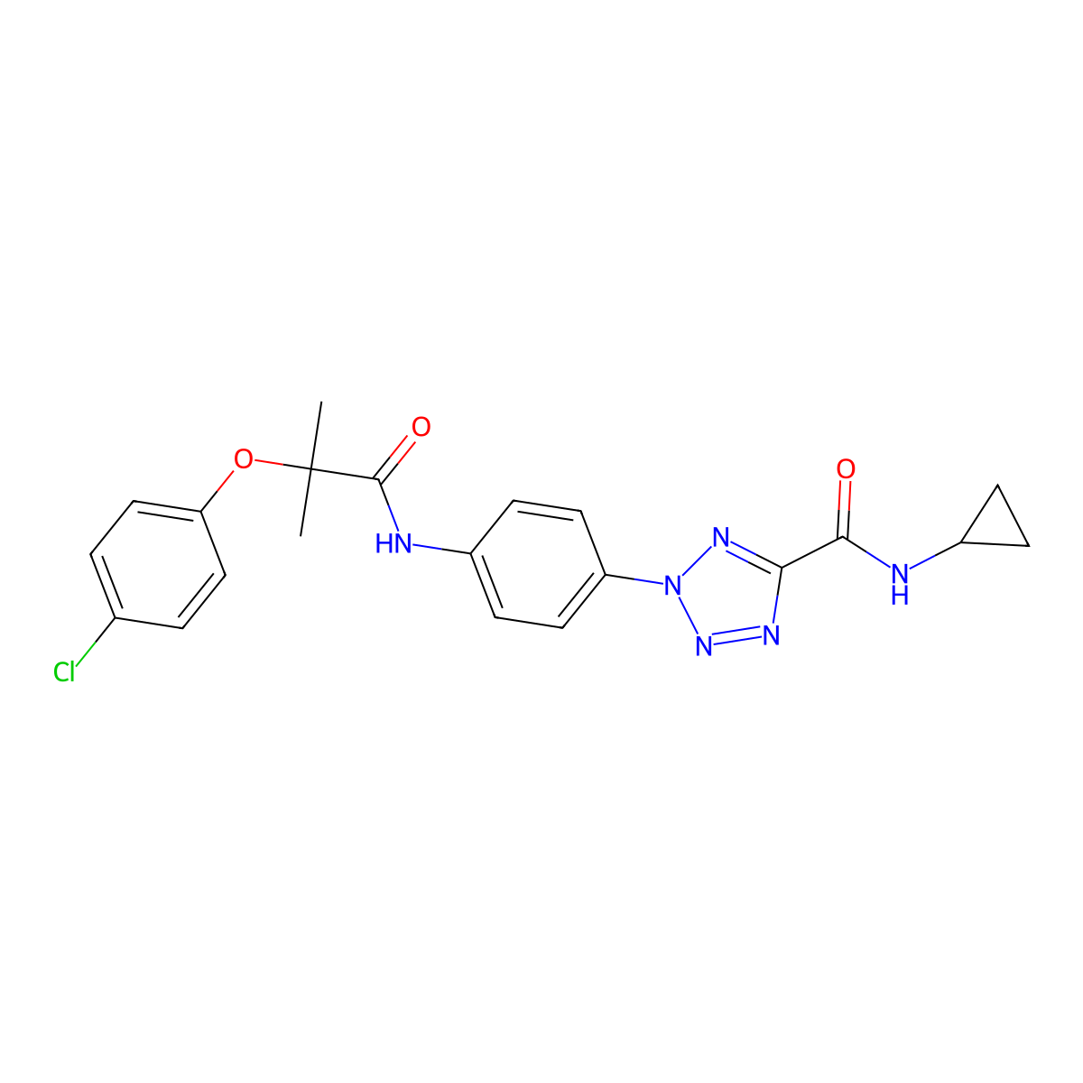 2-(4-(2-(4-chlorophenoxy)-2-methylpropanamido)phenyl)-N-cyclopropyl-2H-tetrazole-5-carboxamide molecular structure, CAS 1396812-57-9