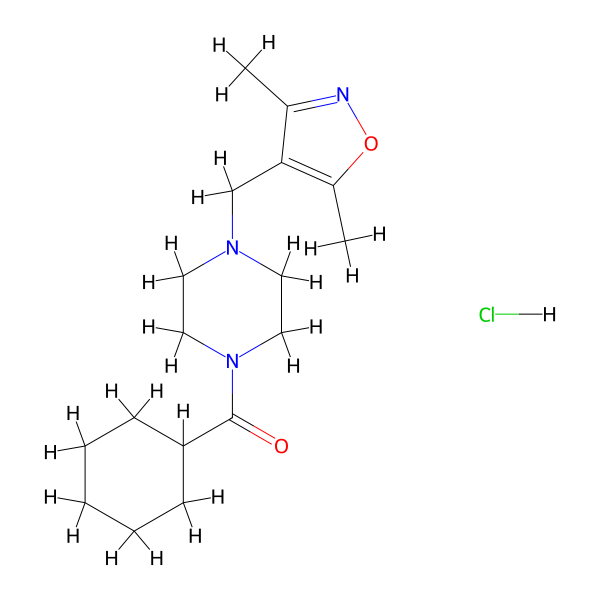 Cyclohexyl(4-((3,5-dimethylisoxazol-4-yl)methyl)piperazin-1-yl)methanone hydrochloride molecular structure, CAS 1396812-64-8