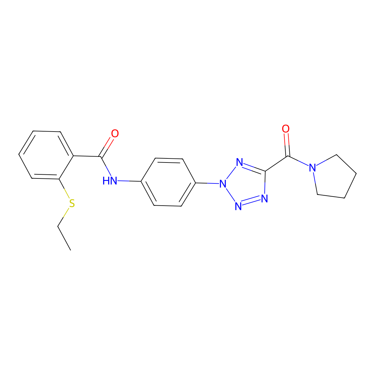 2-(ethylthio)-N-(4-(5-(pyrrolidine-1-carbonyl)-2H-tetrazol-2-yl)phenyl)benzamide molecular structure, CAS 1396812-66-0