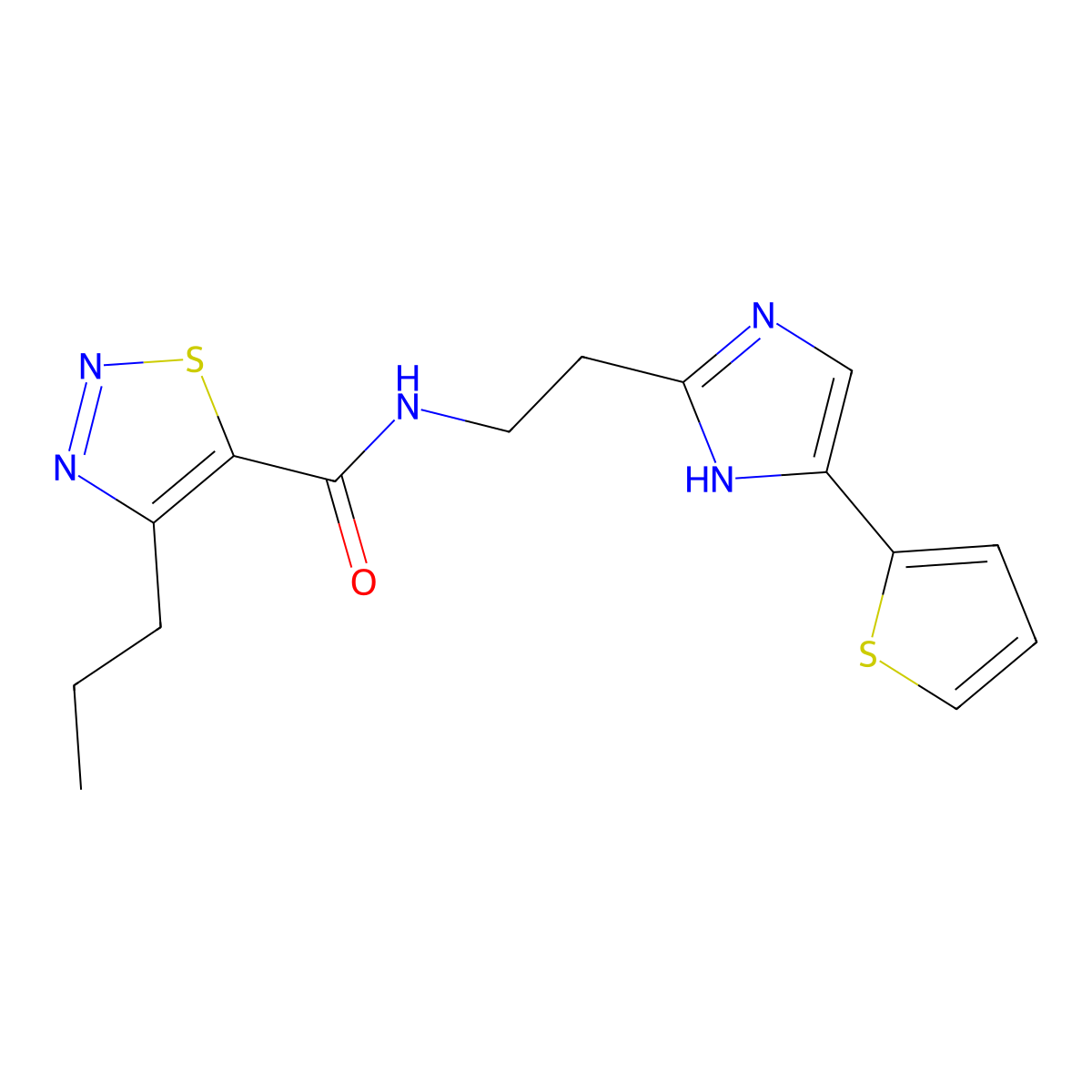 4-propyl-N-(2-(4-(thiophen-2-yl)-1H-imidazol-2-yl)ethyl)-1,2,3-thiadiazole-5-carboxamide molecular structure, CAS 1396812-68-2