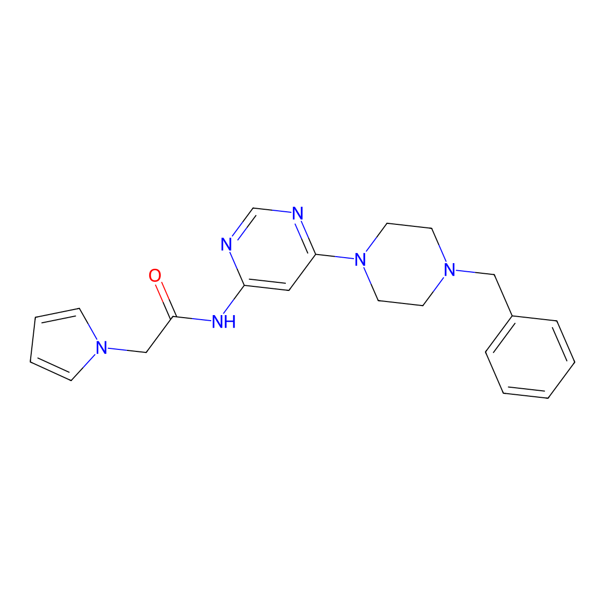 N-(6-(4-benzylpiperazin-1-yl)pyrimidin-4-yl)-2-(1H-pyrrol-1-yl)acetamide molecular structure, CAS 1396812-75-1