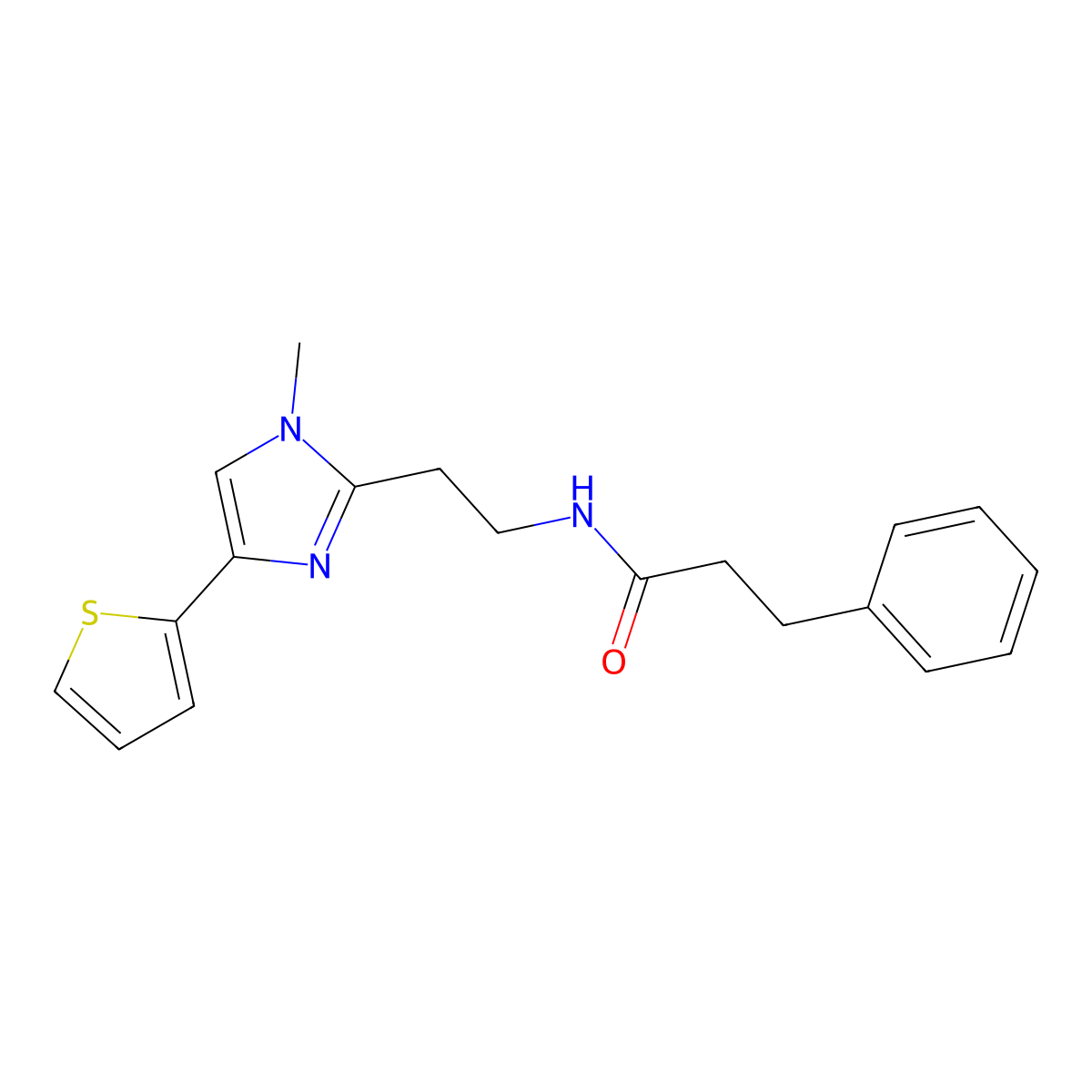 N-(2-(1-methyl-4-(thiophen-2-yl)-1H-imidazol-2-yl)ethyl)-3-phenylpropanamide molecular structure, CAS 1396812-77-3