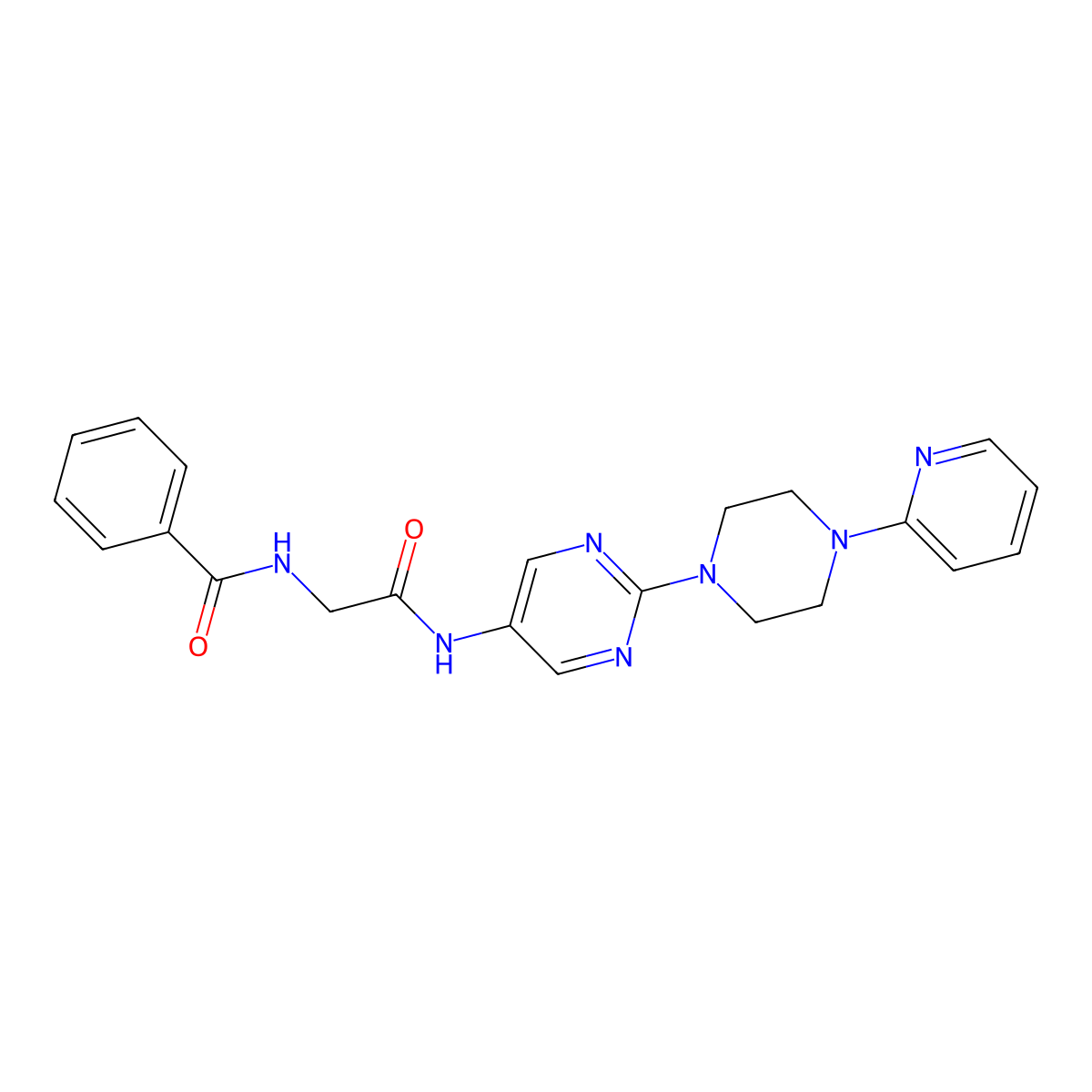 N-(2-oxo-2-((2-(4-(pyridin-2-yl)piperazin-1-yl)pyrimidin-5-yl)amino)ethyl)benzamide molecular structure, CAS 1396812-78-4