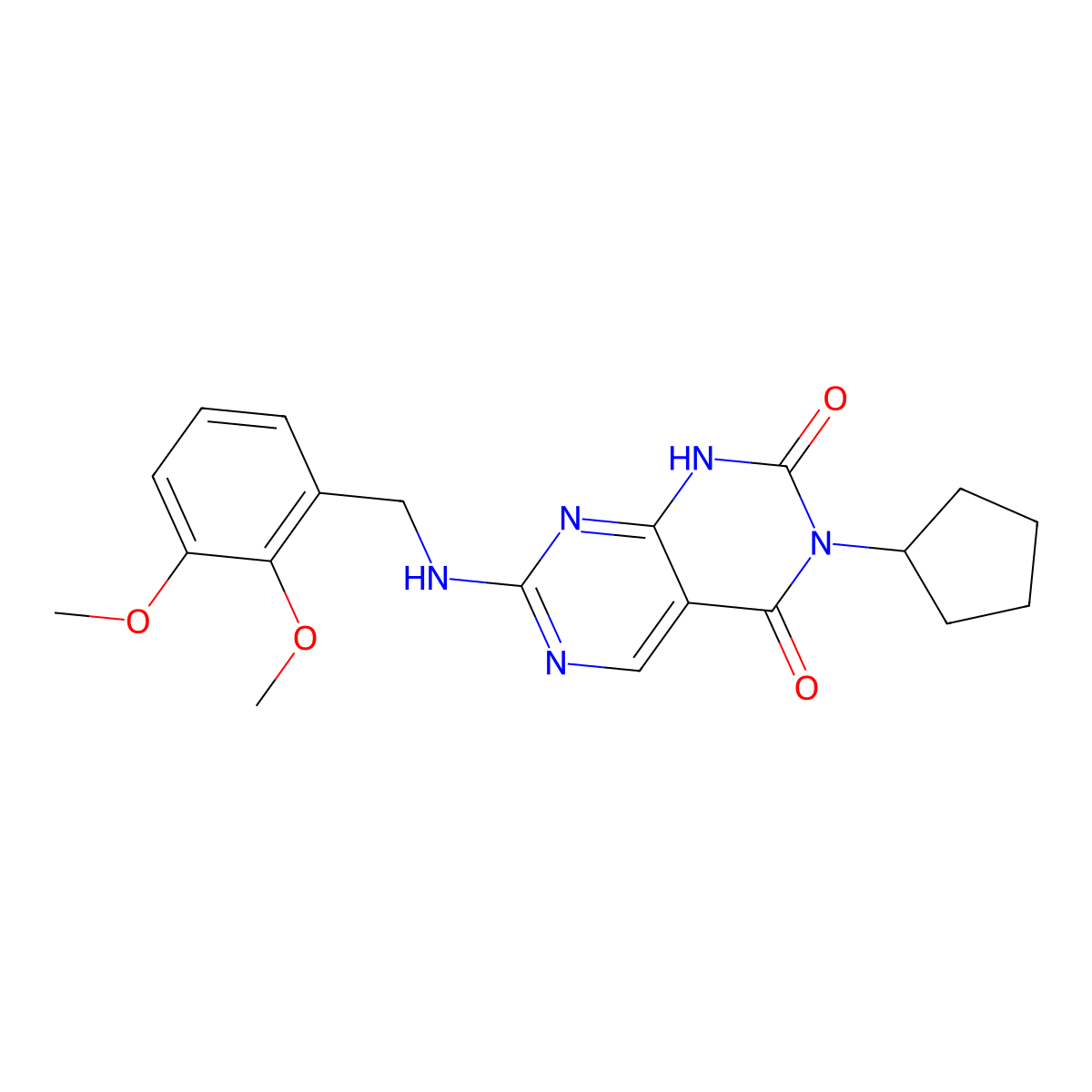 3-cyclopentyl-7-[(2,3-dimethoxybenzyl)amino]pyrimido[4,5-d]pyrimidine-2,4(1H,3H)-dione molecular structure, CAS 1396812-79-5