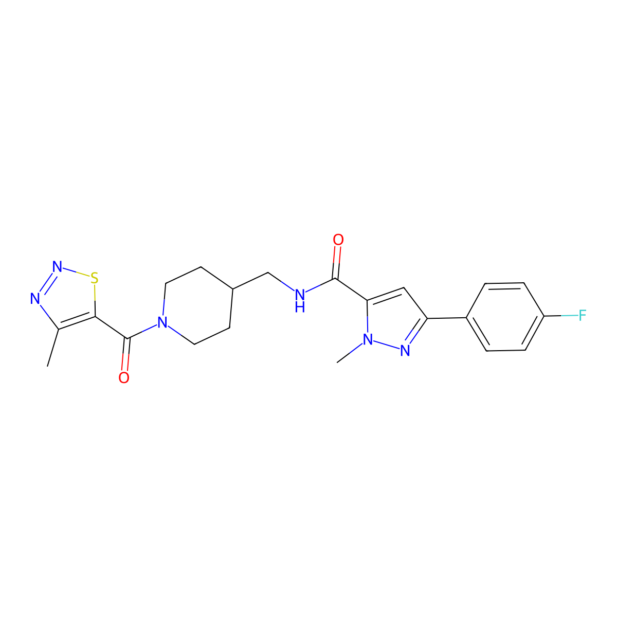 3-(4-fluorophenyl)-1-methyl-N-{[1-(4-methyl-1,2,3-thiadiazole-5-carbonyl)piperidin-4-yl]methyl}-1H-pyrazole-5-carboxamide molecular structure, CAS 1396812-89-7