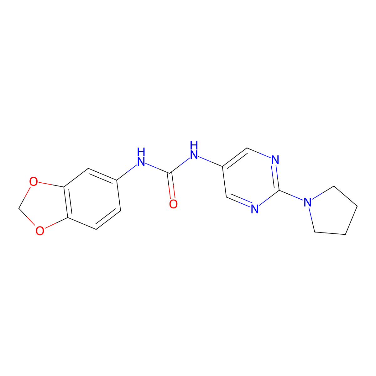 1-(Benzo[d][1,3]dioxol-5-yl)-3-(2-(pyrrolidin-1-yl)pyrimidin-5-yl)urea molecular structure, CAS 1396813-02-7