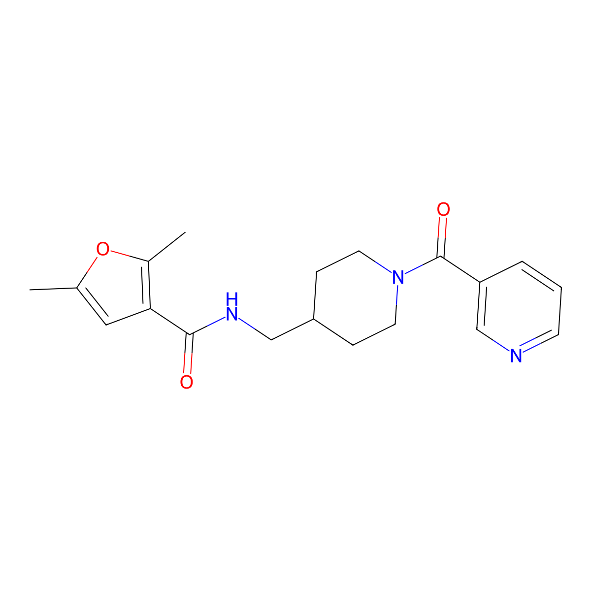 2,5-dimethyl-N-((1-nicotinoylpiperidin-4-yl)methyl)furan-3-carboxamide molecular structure, CAS 1396813-47-0