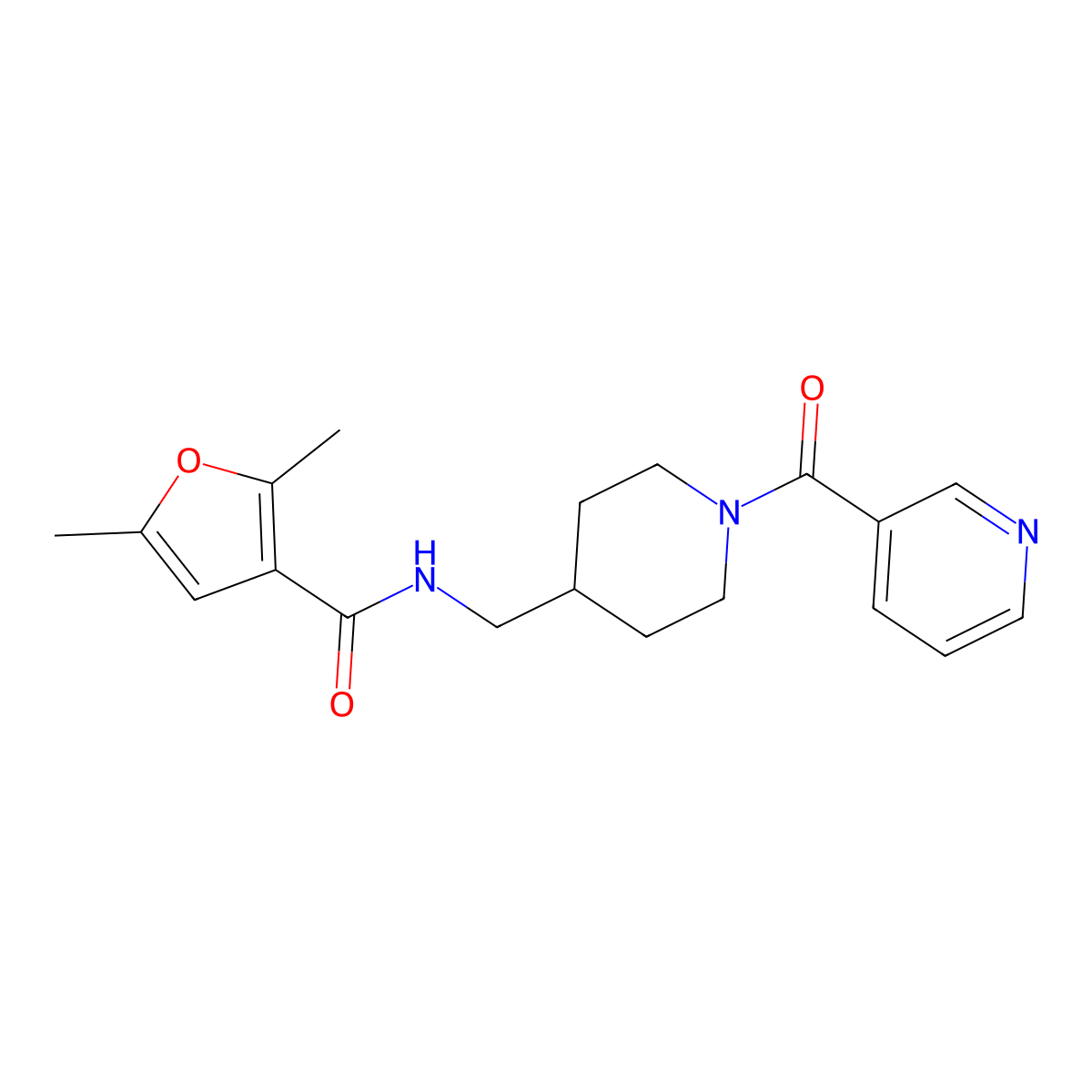 2,5-dimethyl-N-((1-nicotinoylpiperidin-4-yl)methyl)furan-3-carboxamide molecular structure, CAS 1396813-47-0
