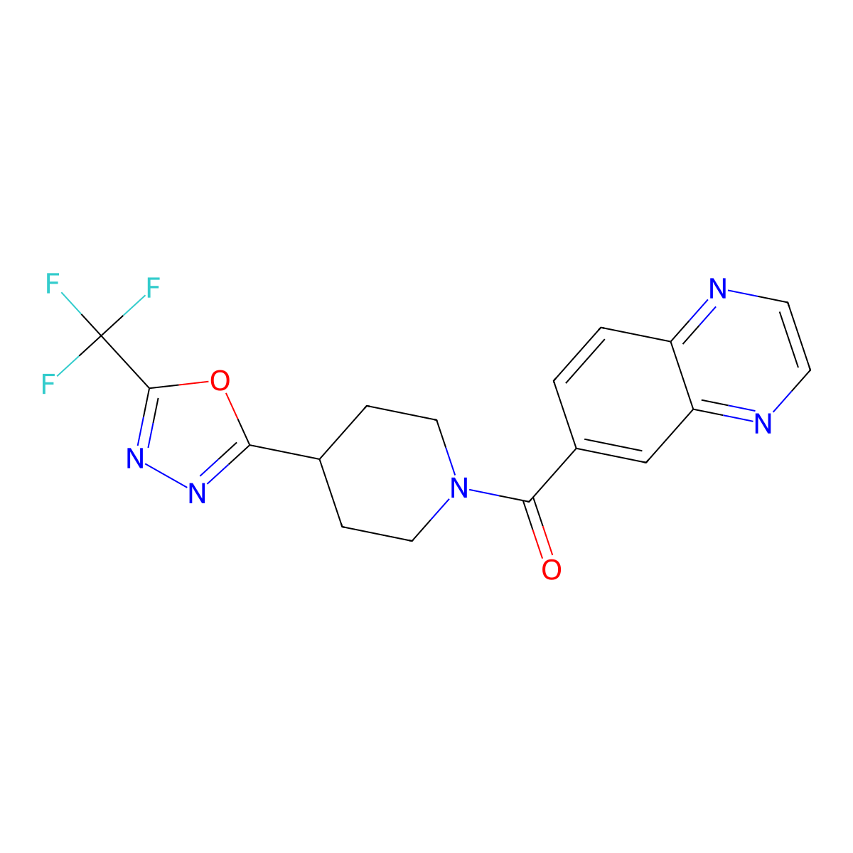 Quinoxalin-6-yl(4-(5-(trifluoromethyl)-1,3,4-oxadiazol-2-yl)piperidin-1-yl)methanone molecular structure, CAS 1396813-57-2