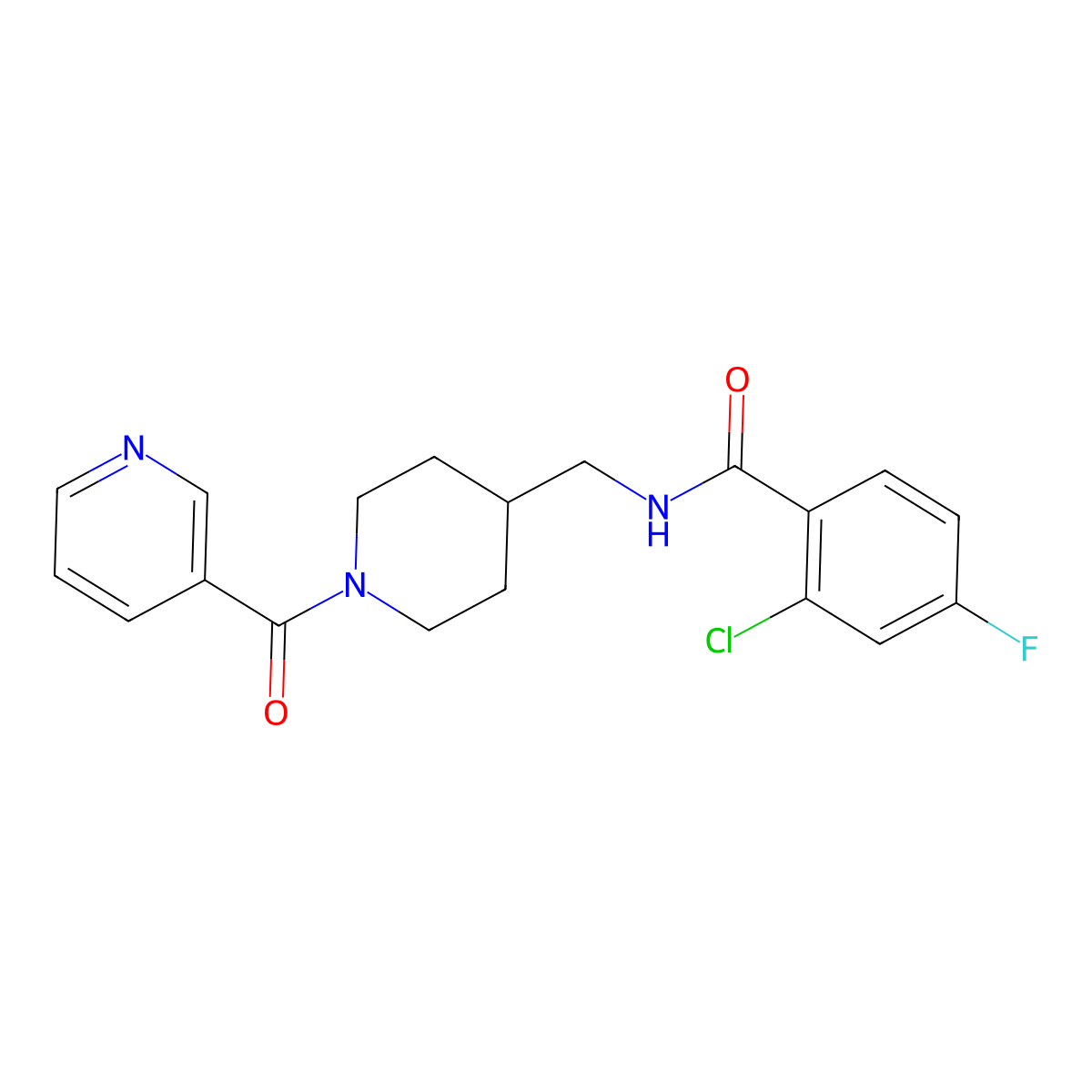 2-chloro-4-fluoro-N-((1-nicotinoylpiperidin-4-yl)methyl)benzamide molecular structure, CAS 1396813-65-2