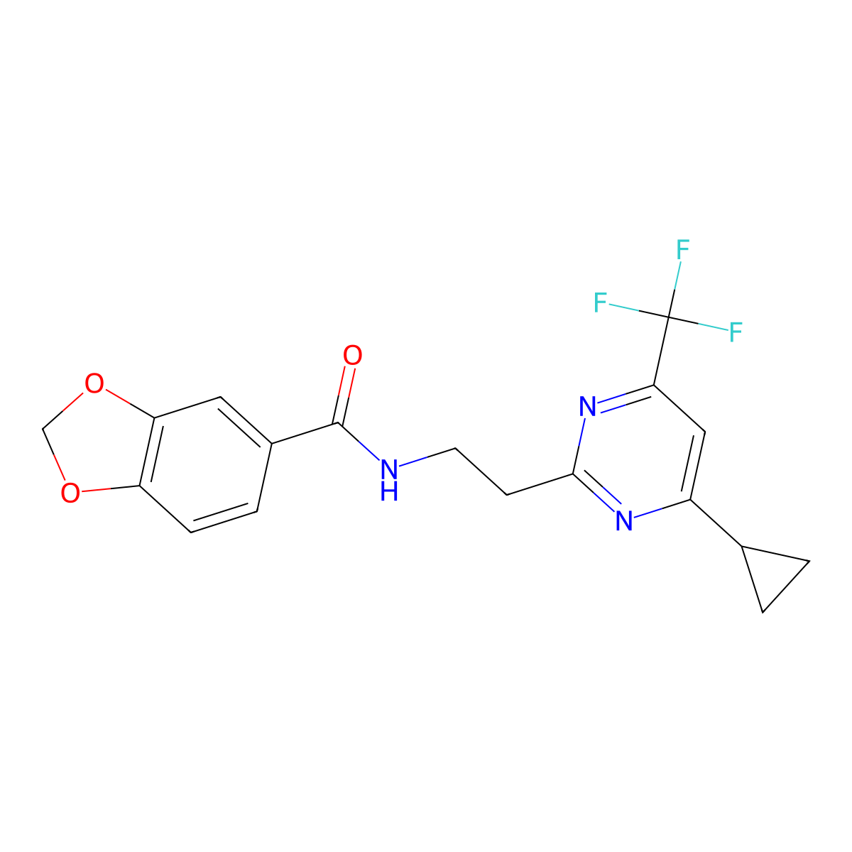 N-(2-(4-cyclopropyl-6-(trifluoromethyl)pyrimidin-2-yl)ethyl)benzo[d][1,3]dioxole-5-carboxamide molecular structure, CAS 1396813-85-6