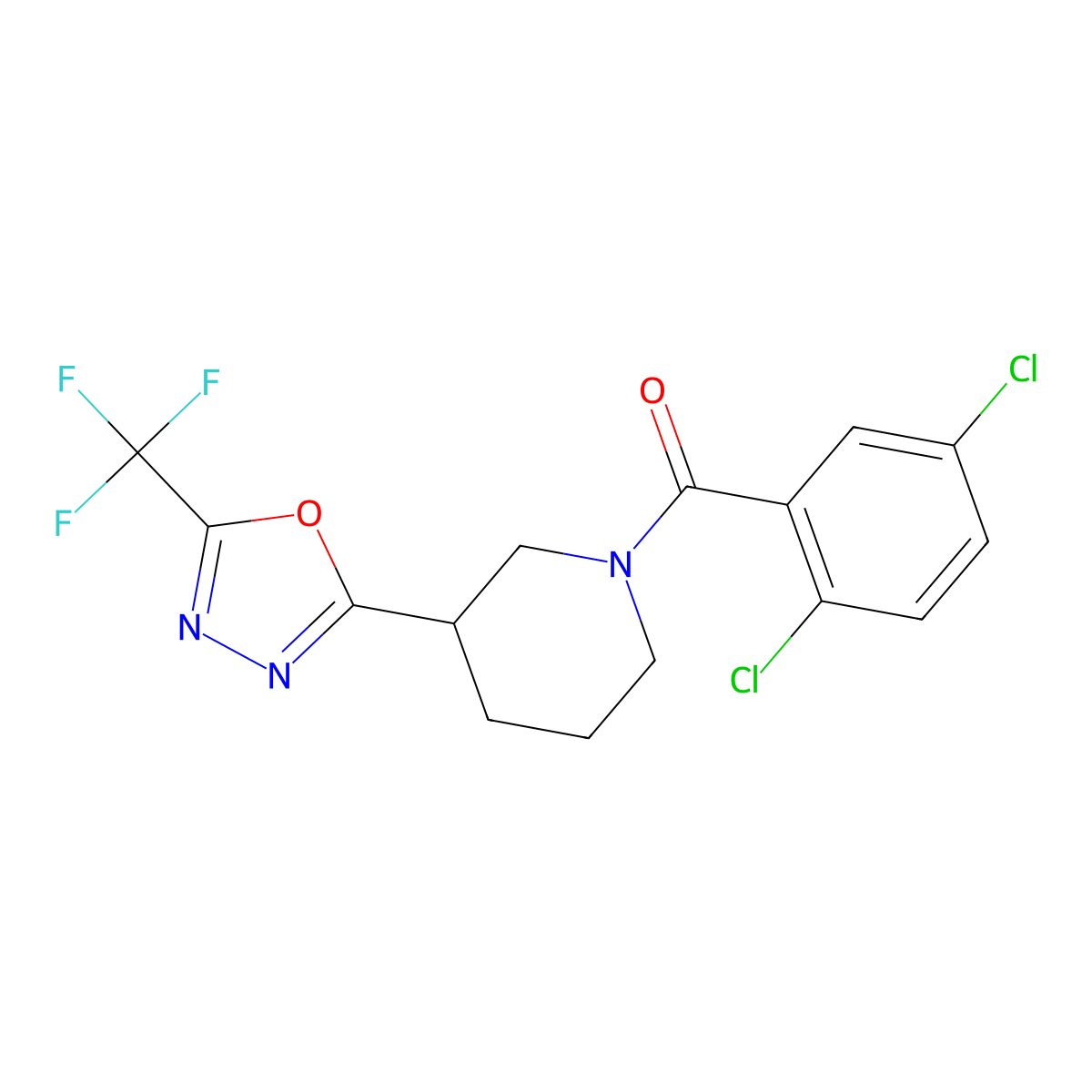 (2,5-Dichlorophenyl)(3-(5-(trifluoromethyl)-1,3,4-oxadiazol-2-yl)piperidin-1-yl)methanone molecular structure, CAS 1396813-90-3