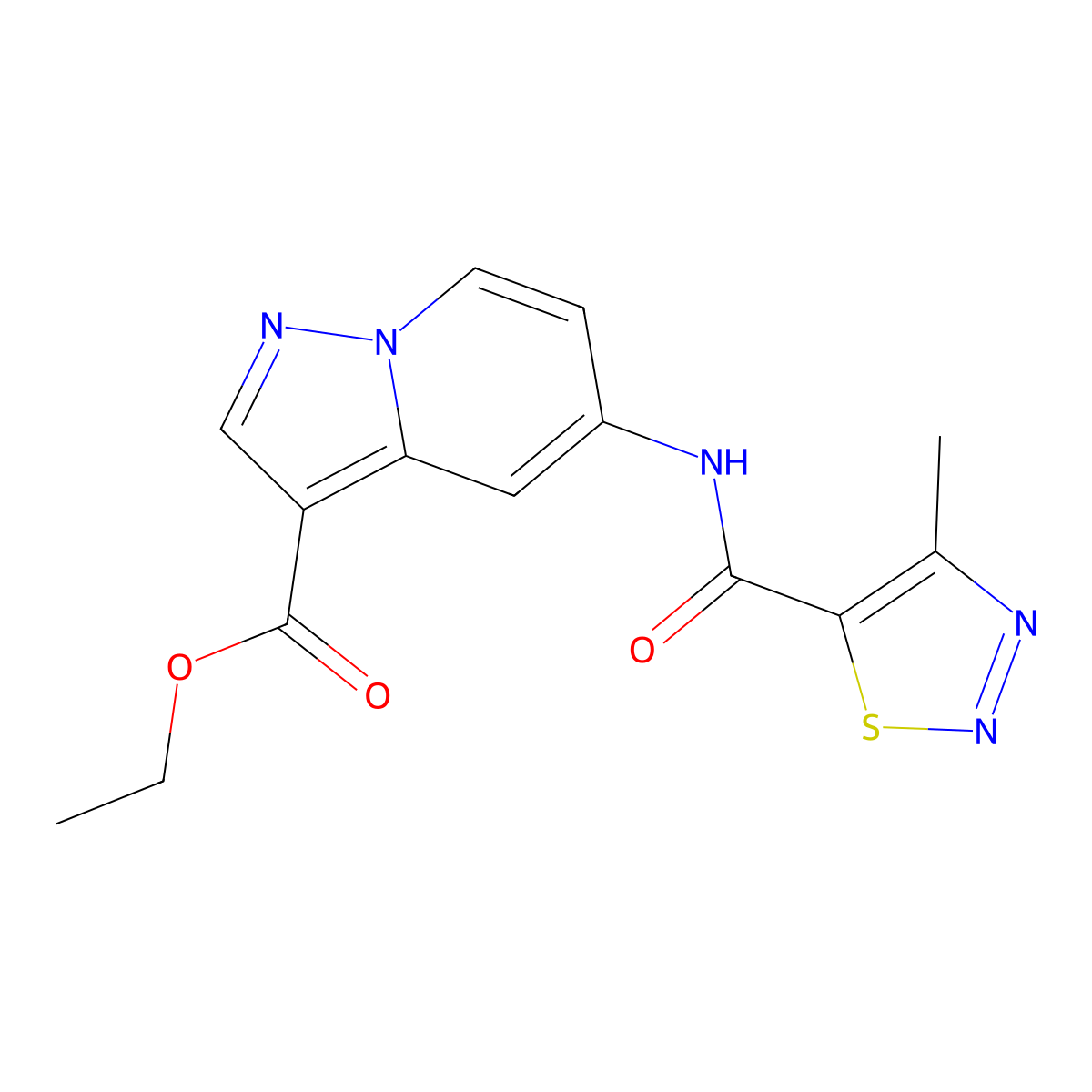 Ethyl 5-(4-methyl-1,2,3-thiadiazole-5-carboxamido)pyrazolo[1,5-a]pyridine-3-carboxylate molecular structure, CAS 1396813-91-4