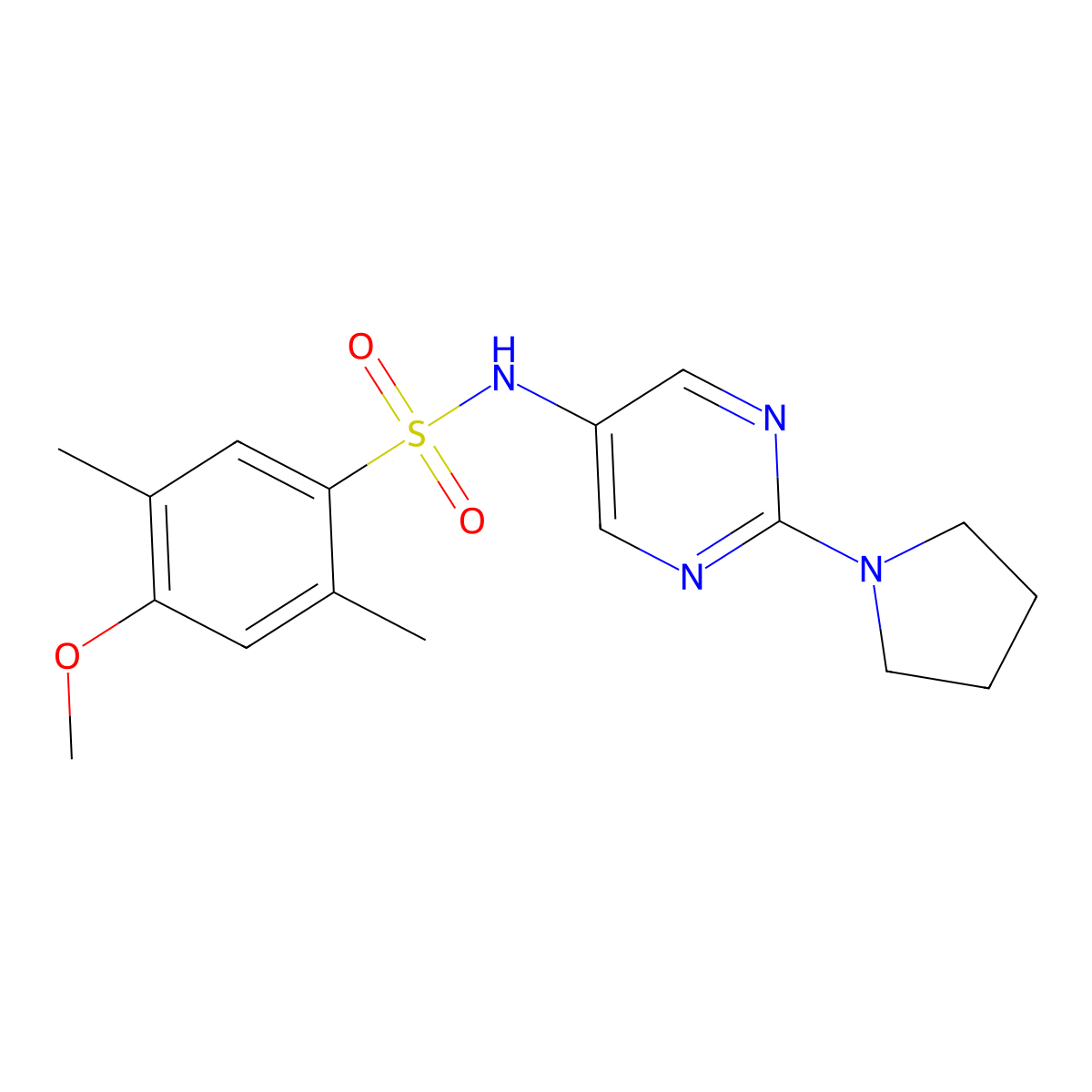 4-methoxy-2,5-dimethyl-N-(2-(pyrrolidin-1-yl)pyrimidin-5-yl)benzenesulfonamide molecular structure, CAS 1396813-93-6