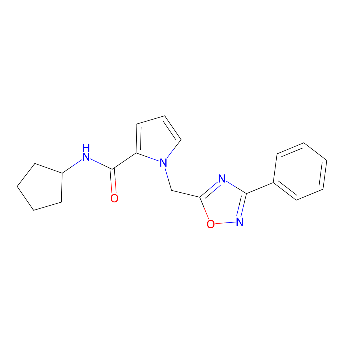 N-cyclopentyl-1-((3-phenyl-1,2,4-oxadiazol-5-yl)methyl)-1H-pyrrole-2-carboxamide molecular structure, CAS 1396813-95-8