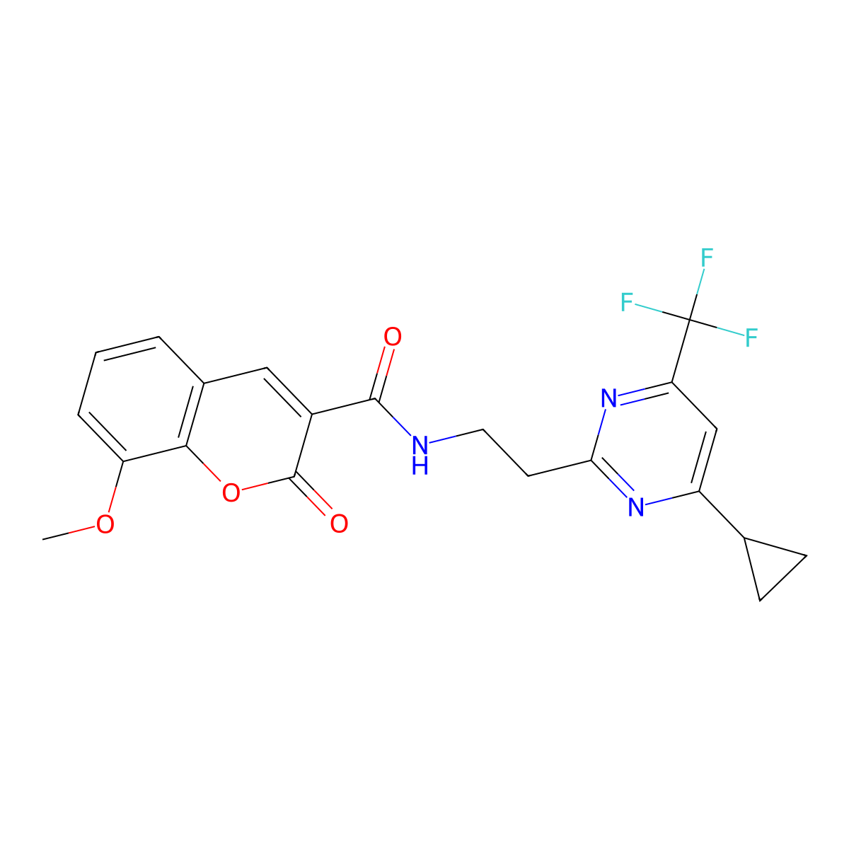 N-{2-[4-cyclopropyl-6-(trifluoromethyl)pyrimidin-2-yl]ethyl}-8-methoxy-2-oxo-2H-chromene-3-carboxamide molecular structure, CAS 1396814-05-3