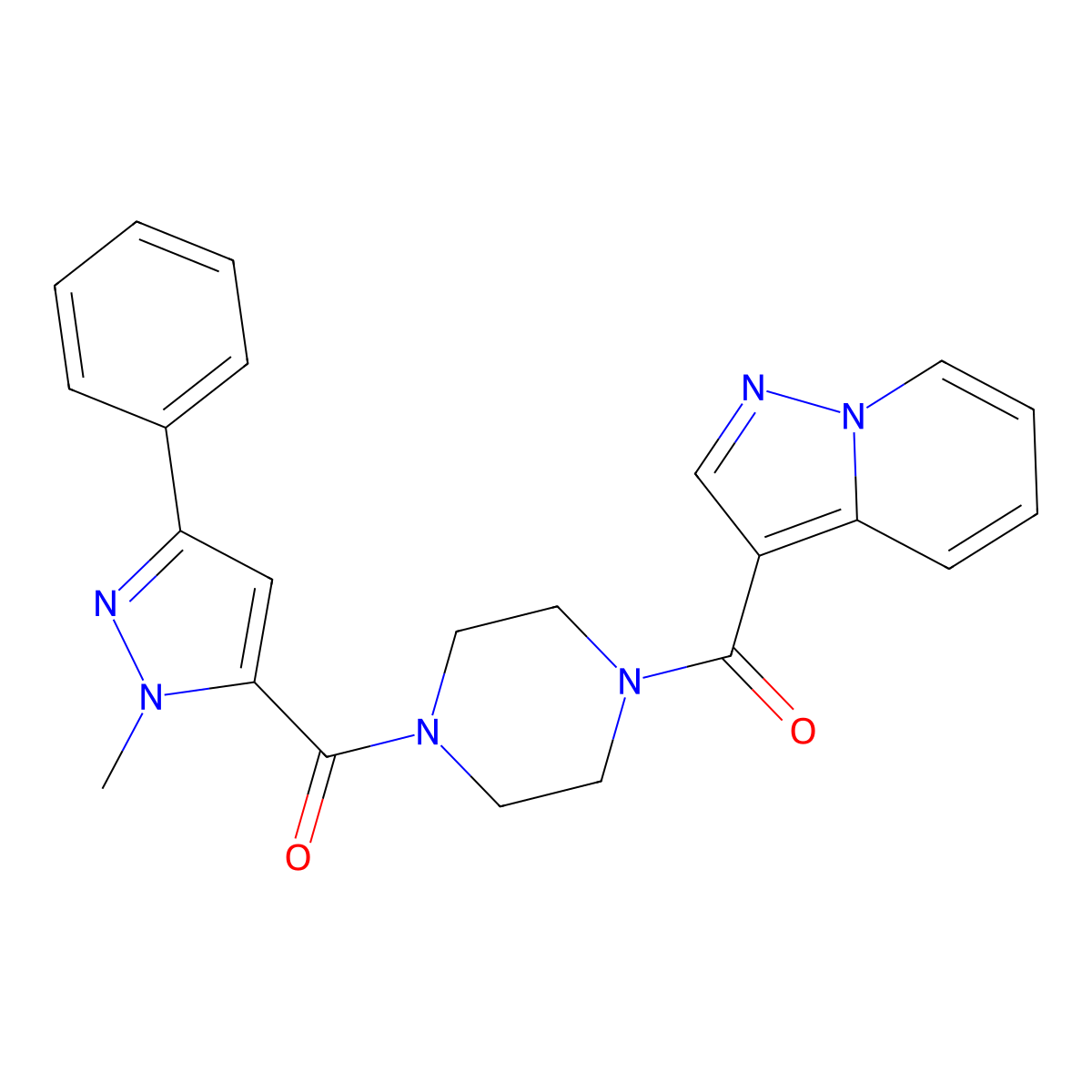 (1-methyl-3-phenyl-1H-pyrazol-5-yl)(4-(pyrazolo[1,5-a]pyridine-3-carbonyl)piperazin-1-yl)methanone molecular structure, CAS 1396814-10-0