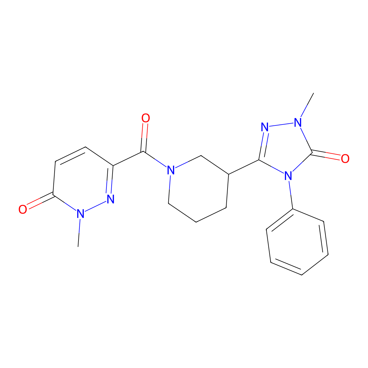 2-methyl-6-(3-(1-methyl-5-oxo-4-phenyl-4,5-dihydro-1H-1,2,4-triazol-3-yl)piperidine-1-carbonyl)pyridazin-3(2H)-one molecular structure, CAS 1396814-11-1
