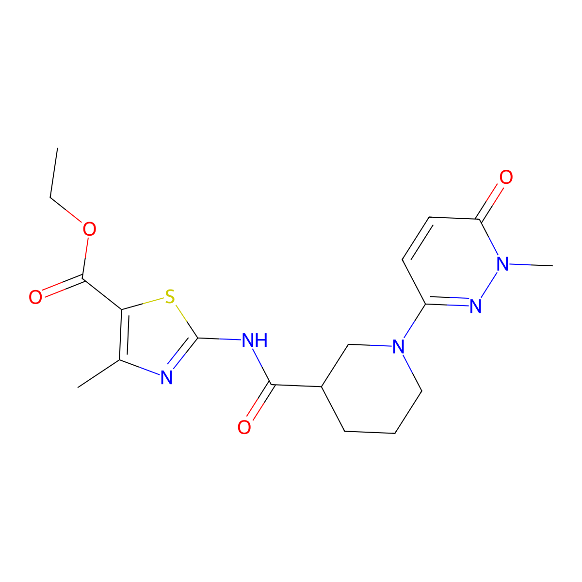 Ethyl 4-methyl-2-(1-(1-methyl-6-oxo-1,6-dihydropyridazin-3-yl)piperidine-3-carboxamido)thiazole-5-carboxylate molecular structure, CAS 1396814-26-8