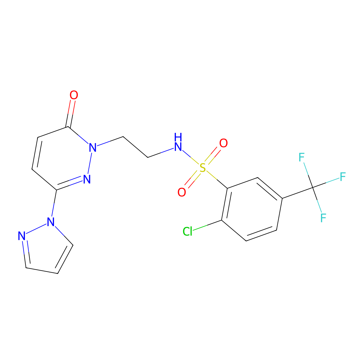 2-chloro-N-(2-(6-oxo-3-(1H-pyrazol-1-yl)pyridazin-1(6H)-yl)ethyl)-5-(trifluoromethyl)benzenesulfonamide molecular structure, CAS 1396814-31-5