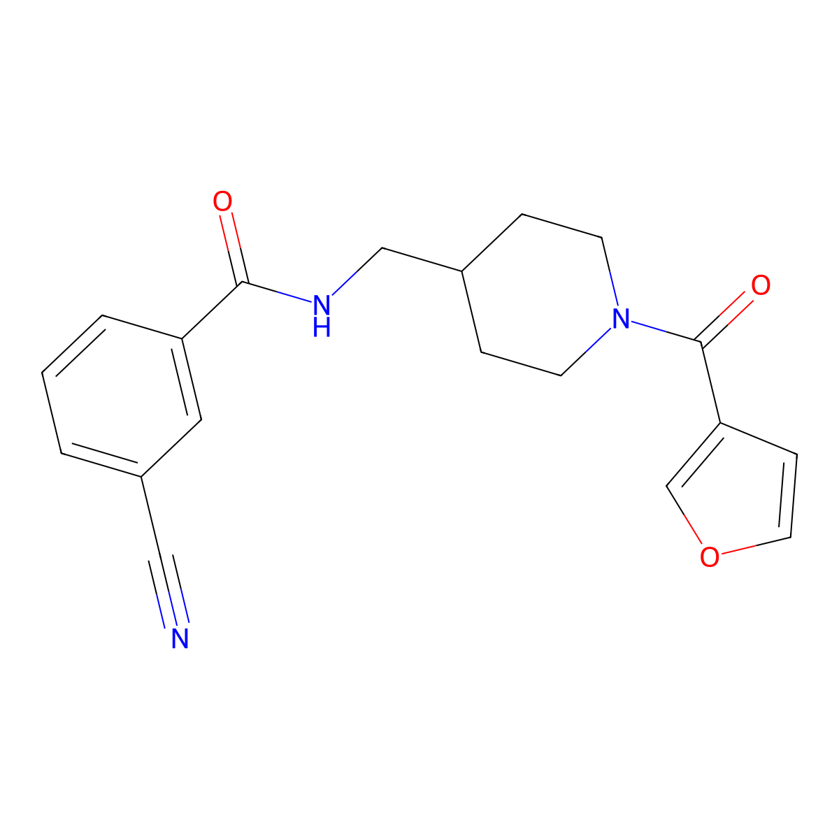 3-cyano-N-((1-(furan-3-carbonyl)piperidin-4-yl)methyl)benzamide molecular structure, CAS 1396814-38-2