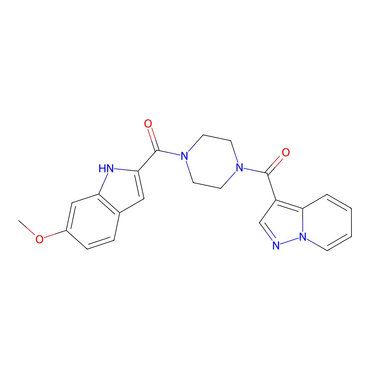 (6-methoxy-1H-indol-2-yl)(4-(pyrazolo[1,5-a]pyridine-3-carbonyl)piperazin-1-yl)methanone molecular structure, CAS 1396814-40-6