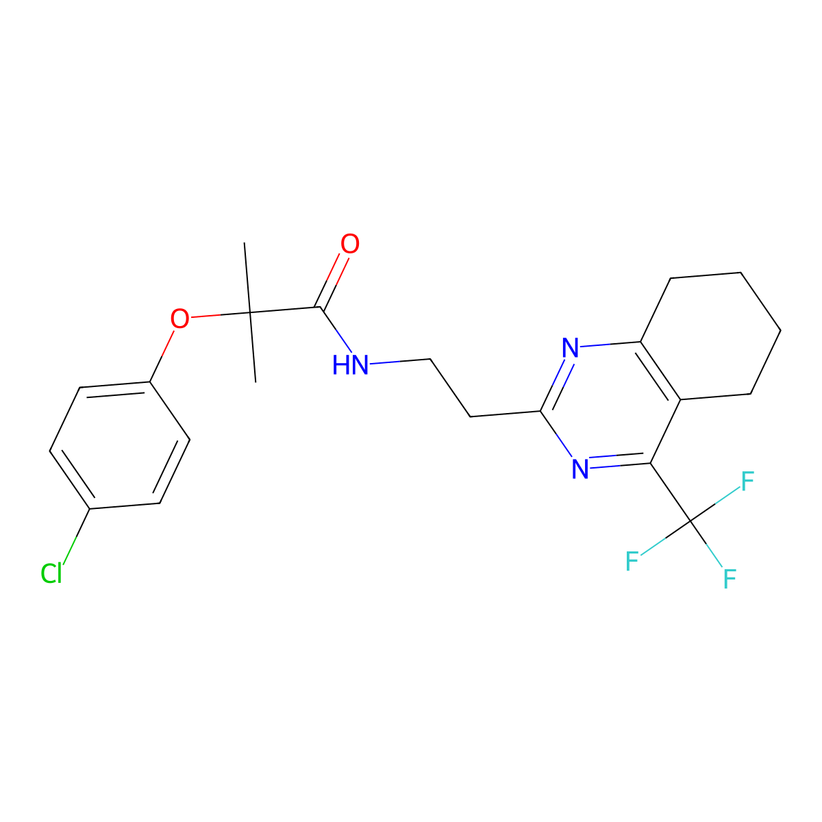 2-(4-chlorophenoxy)-2-methyl-N-(2-(4-(trifluoromethyl)-5,6,7,8-tetrahydroquinazolin-2-yl)ethyl)propanamide molecular structure, CAS 1396814-44-0