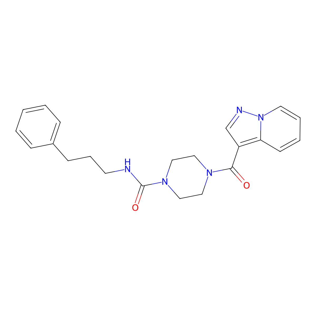 N-(3-phenylpropyl)-4-(pyrazolo[1,5-a]pyridine-3-carbonyl)piperazine-1-carboxamide molecular structure, CAS 1396814-50-8