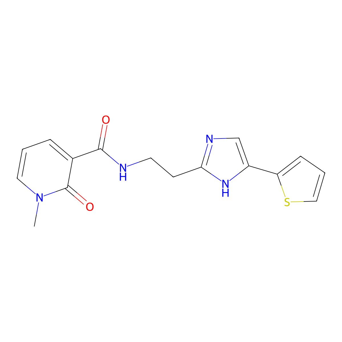 1-methyl-2-oxo-N-{2-[4-(thiophen-2-yl)-1H-imidazol-2-yl]ethyl}-1,2-dihydropyridine-3-carboxamide molecular structure, CAS 1396814-53-1