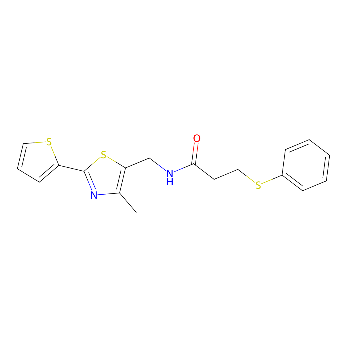 N-((4-methyl-2-(thiophen-2-yl)thiazol-5-yl)methyl)-3-(phenylthio)propanamide molecular structure, CAS 1396814-54-2