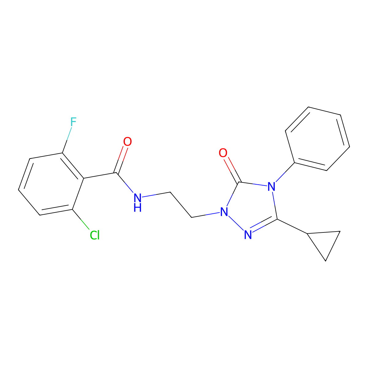 2-chloro-N-(2-(3-cyclopropyl-5-oxo-4-phenyl-4,5-dihydro-1H-1,2,4-triazol-1-yl)ethyl)-6-fluorobenzamide molecular structure, CAS 1396814-55-3