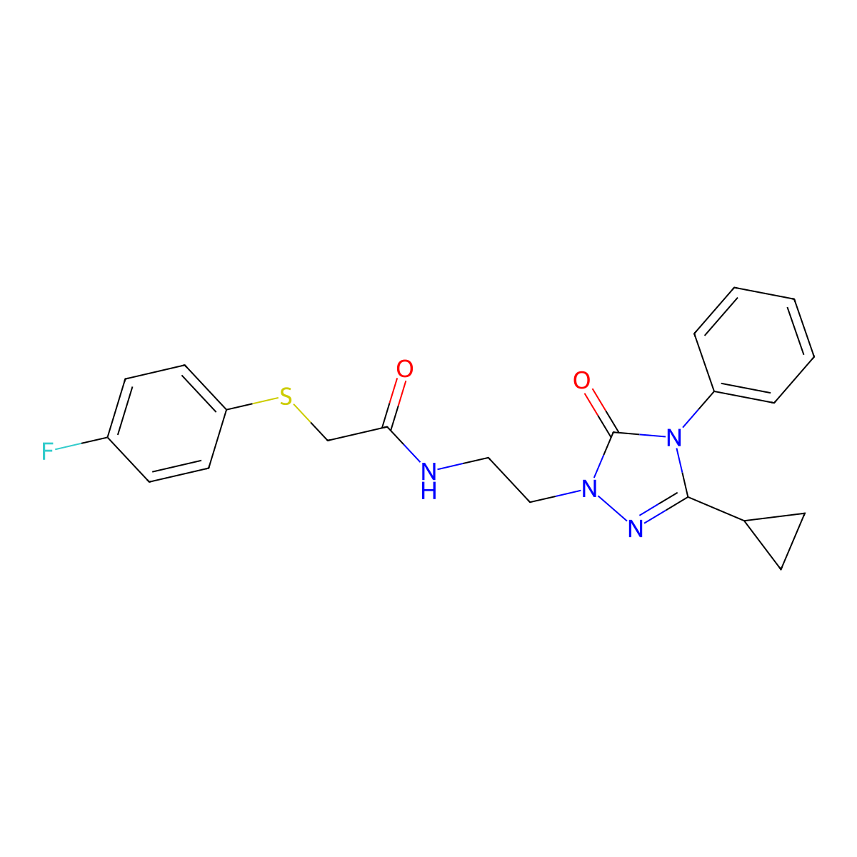 N-(2-(3-cyclopropyl-5-oxo-4-phenyl-4,5-dihydro-1H-1,2,4-triazol-1-yl)ethyl)-2-((4-fluorophenyl)thio)acetamide molecular structure, CAS 1396814-63-3