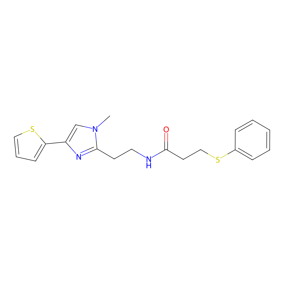 N-(2-(1-methyl-4-(thiophen-2-yl)-1H-imidazol-2-yl)ethyl)-3-(phenylthio)propanamide molecular structure, CAS 1396814-80-4