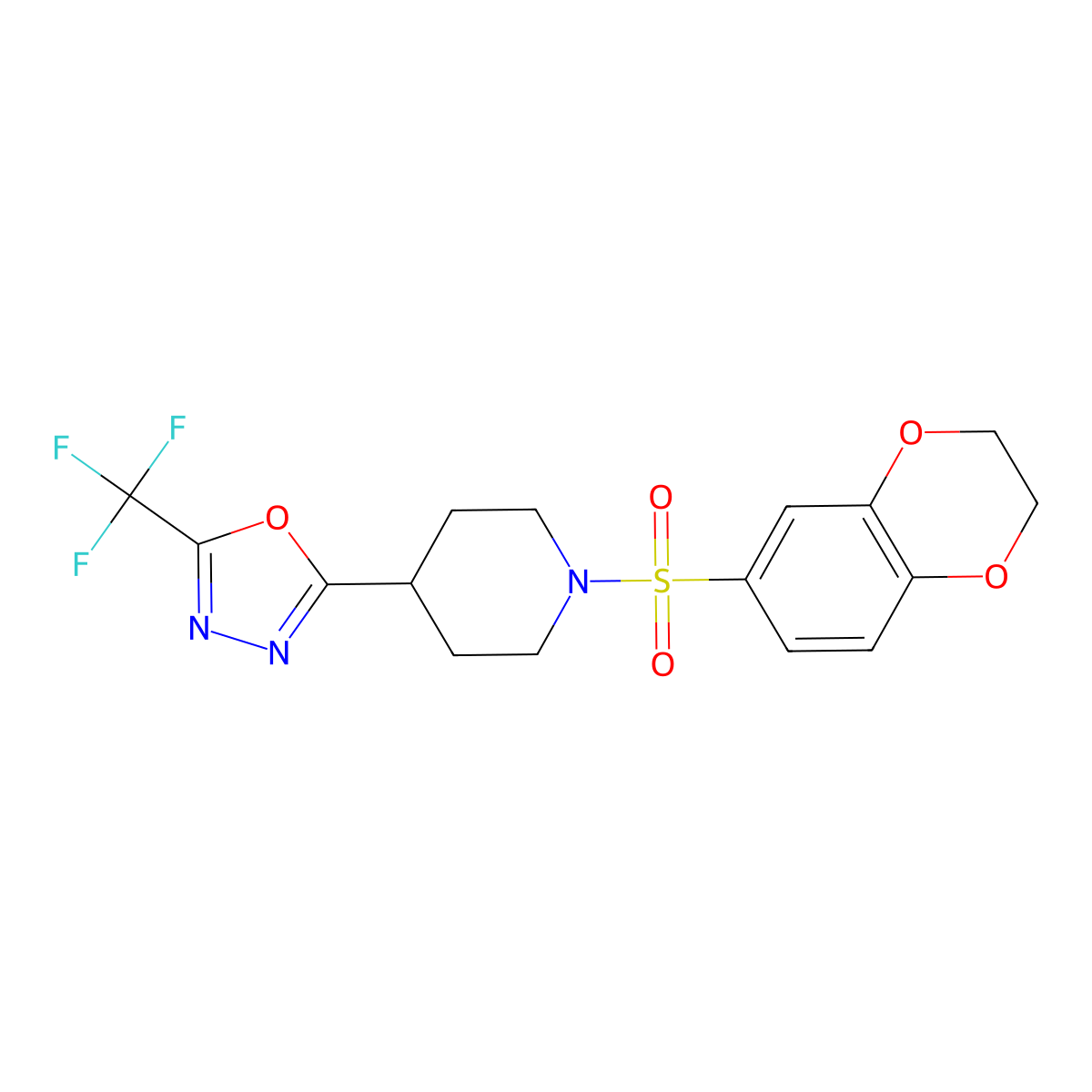 2-(1-((2,3-Dihydrobenzo[b][1,4]dioxin-6-yl)sulfonyl)piperidin-4-yl)-5-(trifluoromethyl)-1,3,4-oxadiazole molecular structure, CAS 1396814-87-1