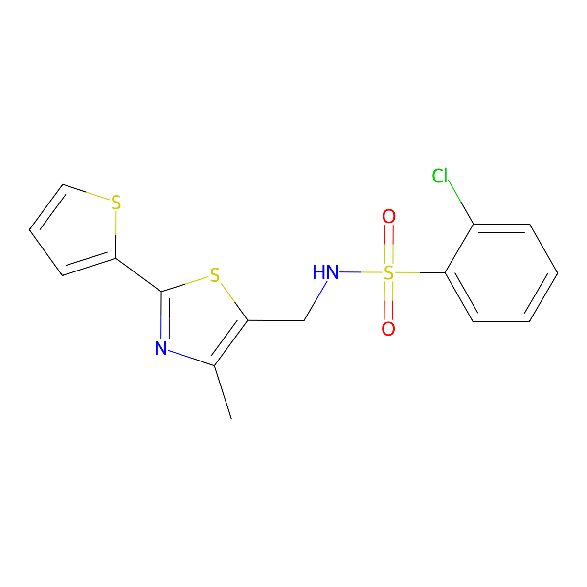 2-chloro-N-((4-methyl-2-(thiophen-2-yl)thiazol-5-yl)methyl)benzenesulfonamide molecular structure, CAS 1396814-89-3