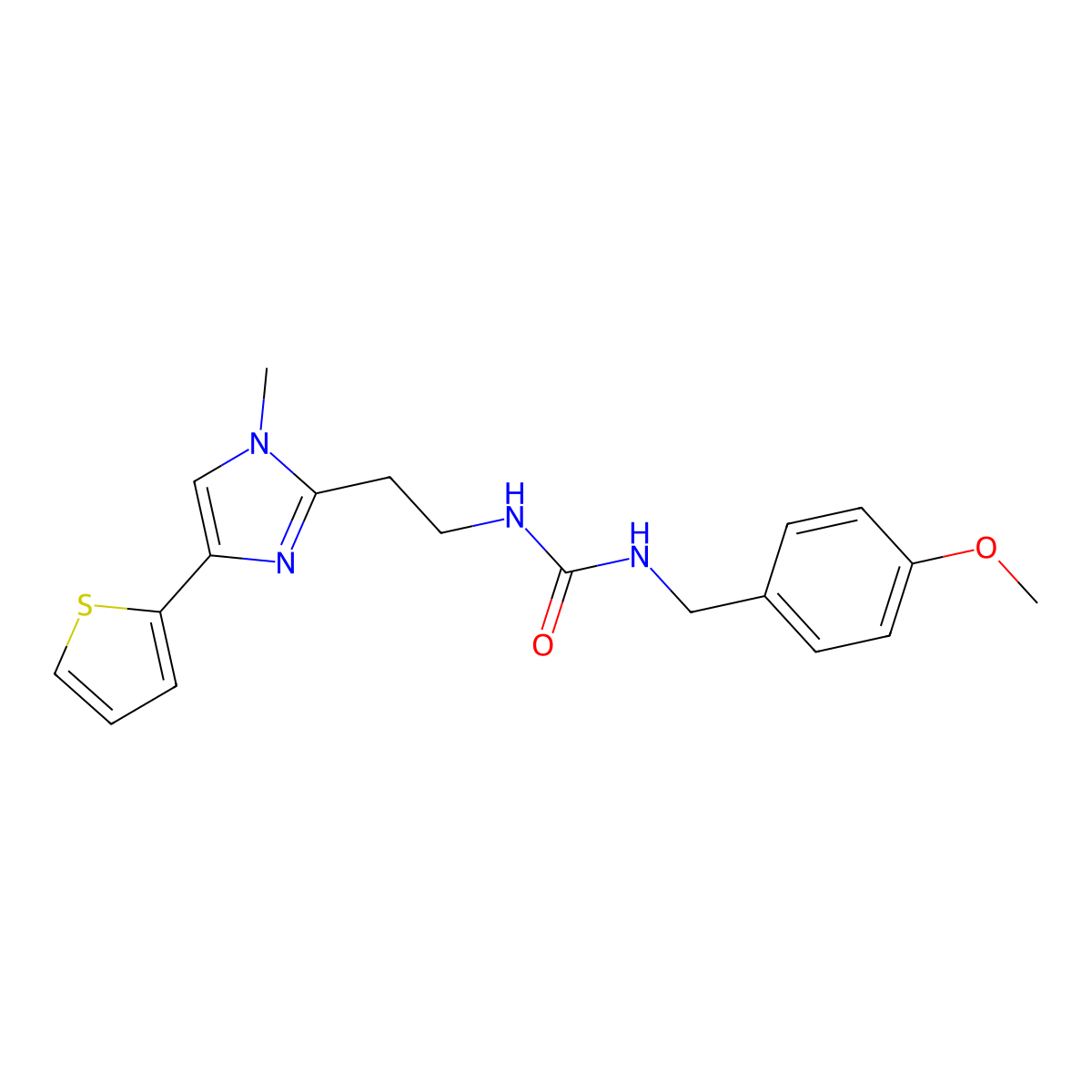 1-(4-methoxybenzyl)-3-(2-(1-methyl-4-(thiophen-2-yl)-1H-imidazol-2-yl)ethyl)urea molecular structure, CAS 1396814-96-2