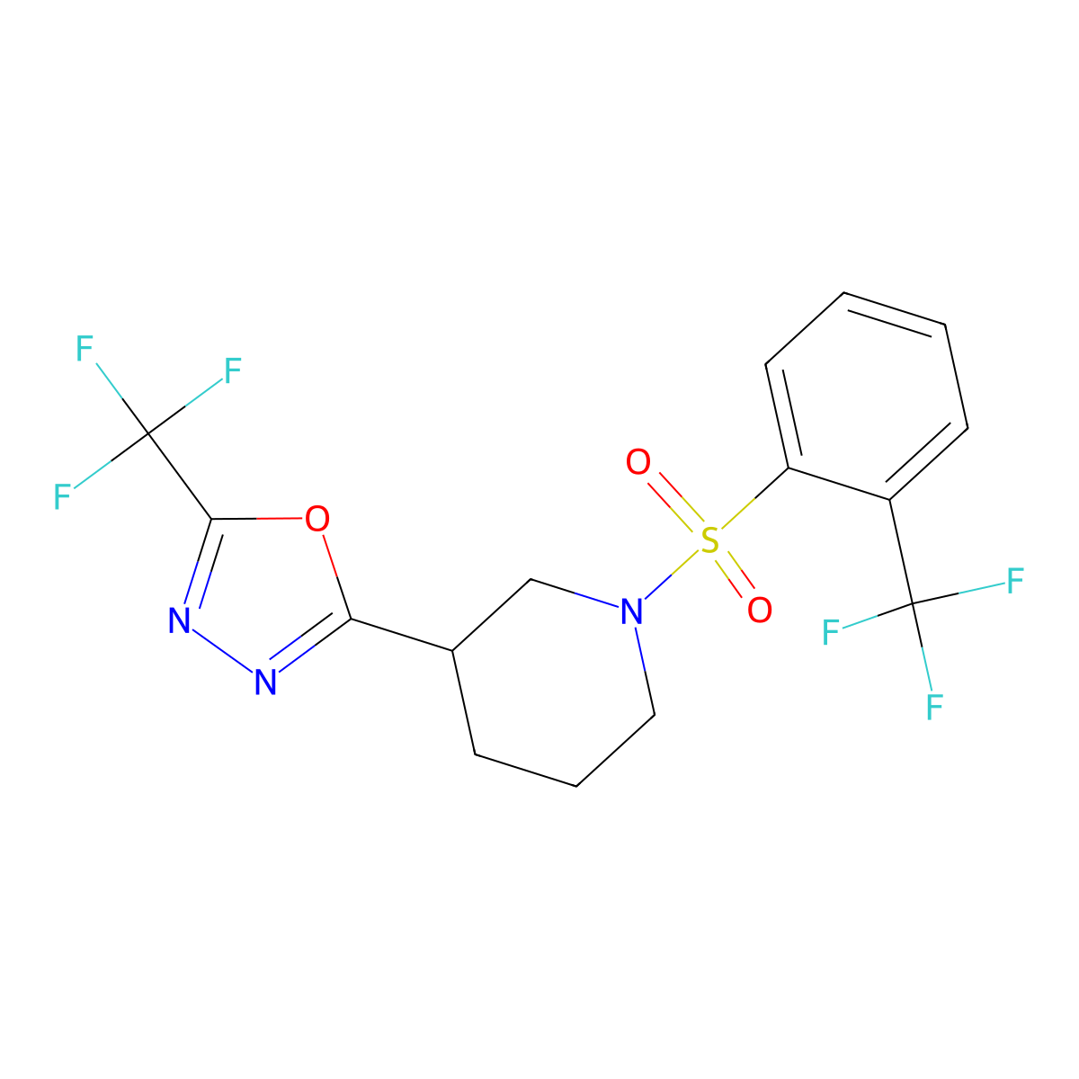 2-(Trifluoromethyl)-5-(1-((2-(trifluoromethyl)phenyl)sulfonyl)piperidin-3-yl)-1,3,4-oxadiazole molecular structure, CAS 1396815-02-3