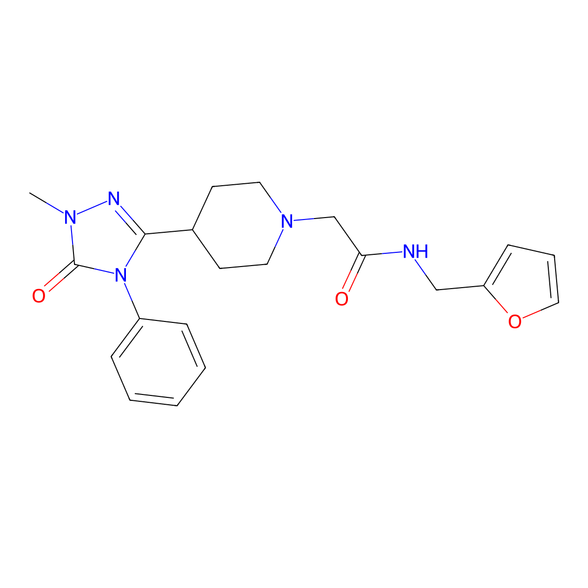 N-(furan-2-ylmethyl)-2-(4-(1-methyl-5-oxo-4-phenyl-4,5-dihydro-1H-1,2,4-triazol-3-yl)piperidin-1-yl)acetamide molecular structure, CAS 1396815-26-1