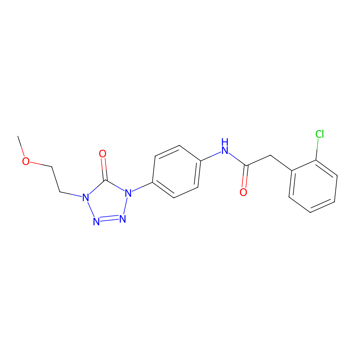 2-(2-chlorophenyl)-N-(4-(4-(2-methoxyethyl)-5-oxo-4,5-dihydro-1H-tetrazol-1-yl)phenyl)acetamide molecular structure, CAS 1396815-30-7