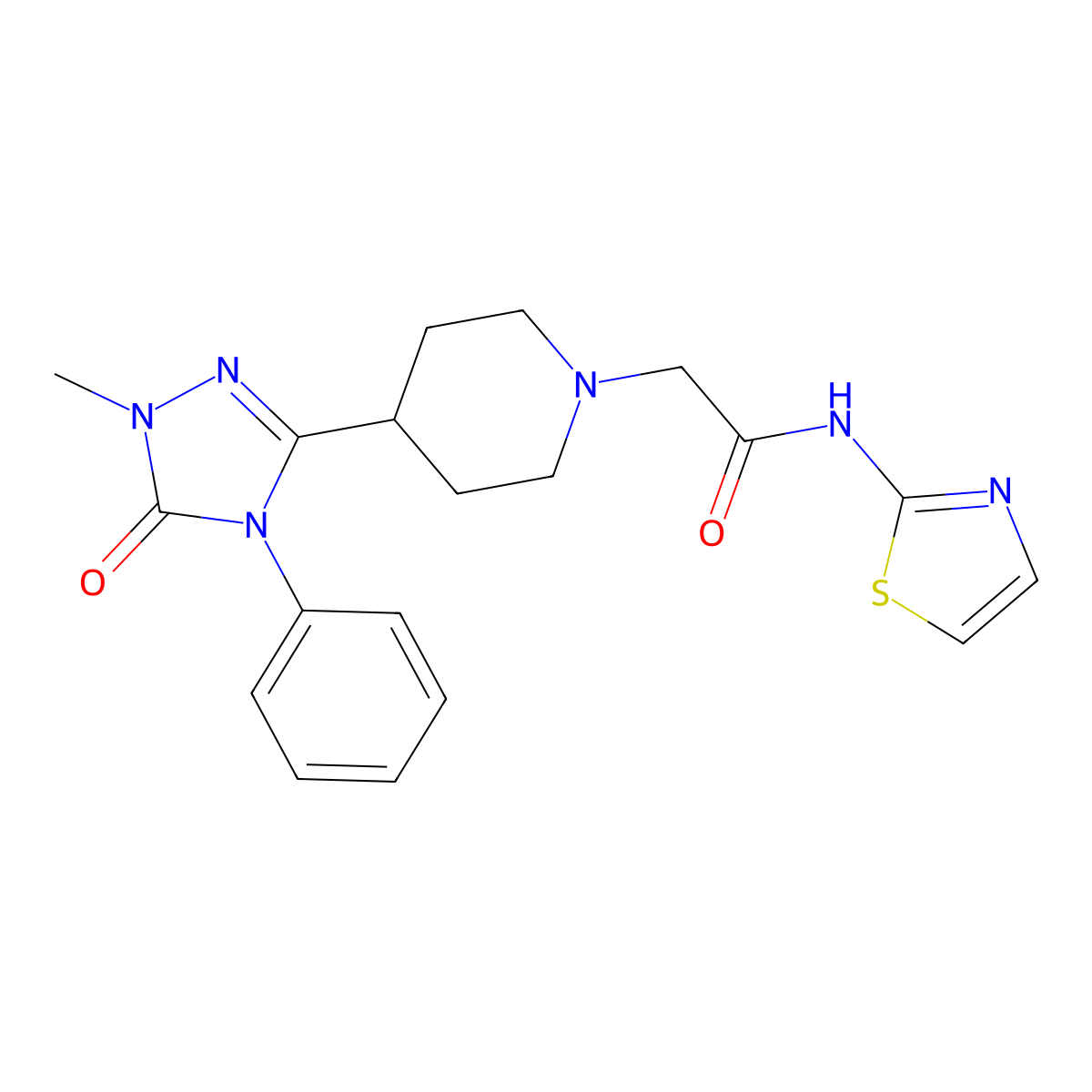 2-(4-(1-methyl-5-oxo-4-phenyl-4,5-dihydro-1H-1,2,4-triazol-3-yl)piperidin-1-yl)-N-(thiazol-2-yl)acetamide molecular structure, CAS 1396815-35-2