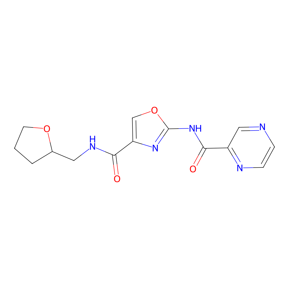 2-(pyrazine-2-carboxamido)-N-((tetrahydrofuran-2-yl)methyl)oxazole-4-carboxamide molecular structure, CAS 1396815-52-3