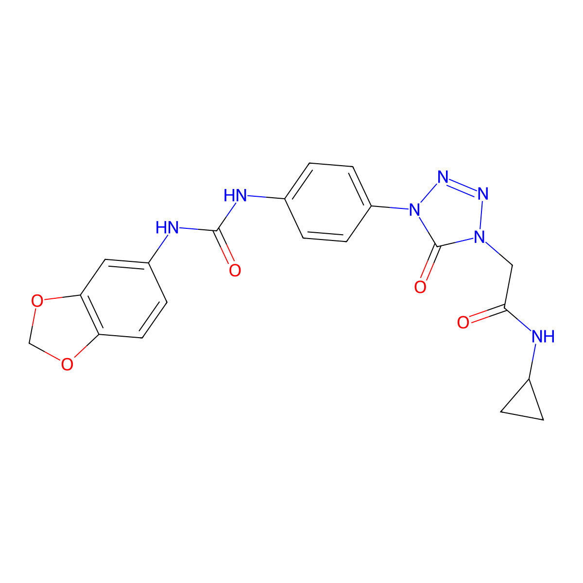 2-(4-(4-(3-(benzo[d][1,3]dioxol-5-yl)ureido)phenyl)-5-oxo-4,5-dihydro-1H-tetrazol-1-yl)-N-cyclopropylacetamide molecular structure, CAS 1396815-66-9